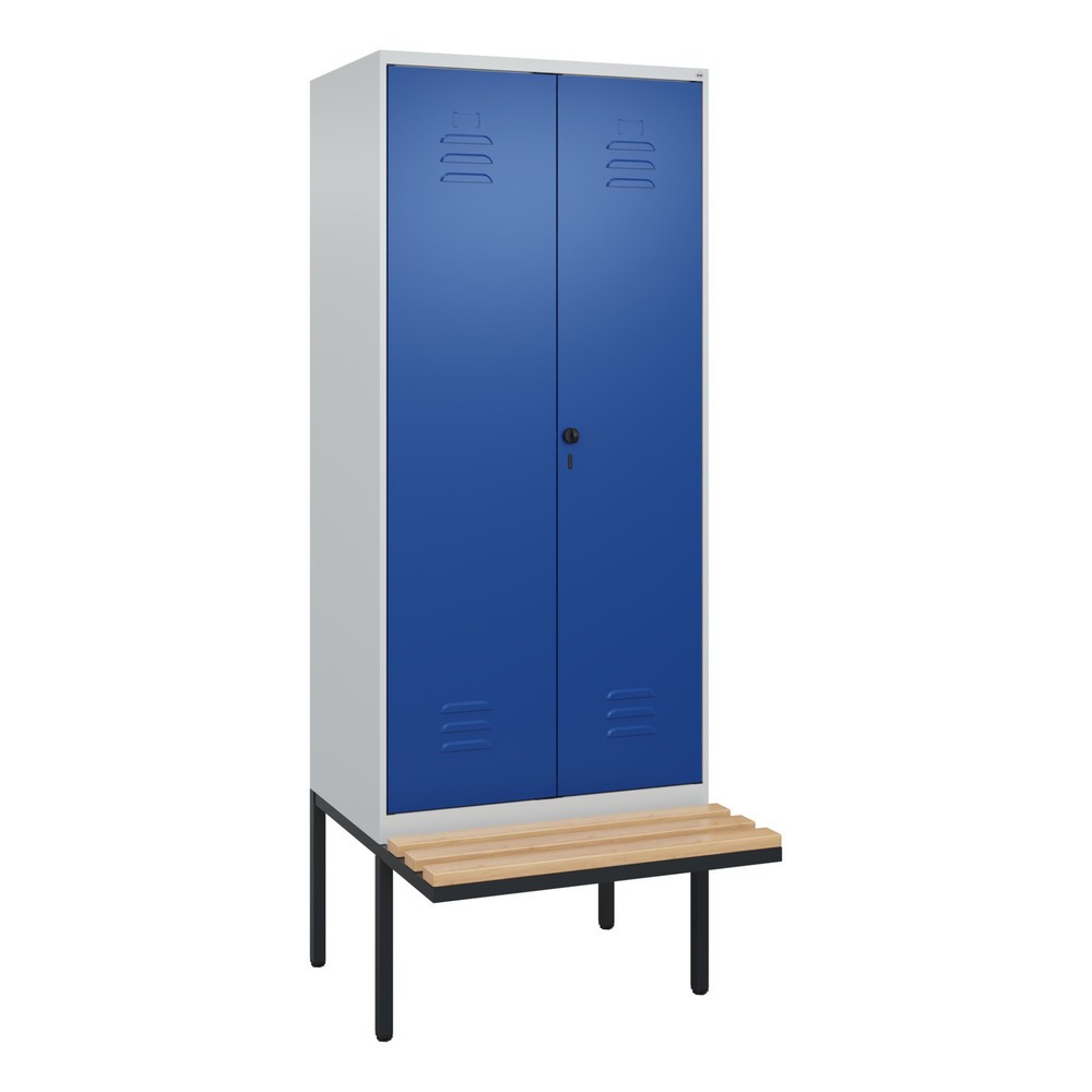 Produktabbildung: C+P PSA Doppel-Spind Classic PLUS, 2 Abteile, HxBxT 2.120 x 800 x 815 mm, für Vorhängeschloss, auskragende Bank aus Buche, lichtgrau, enzianblau