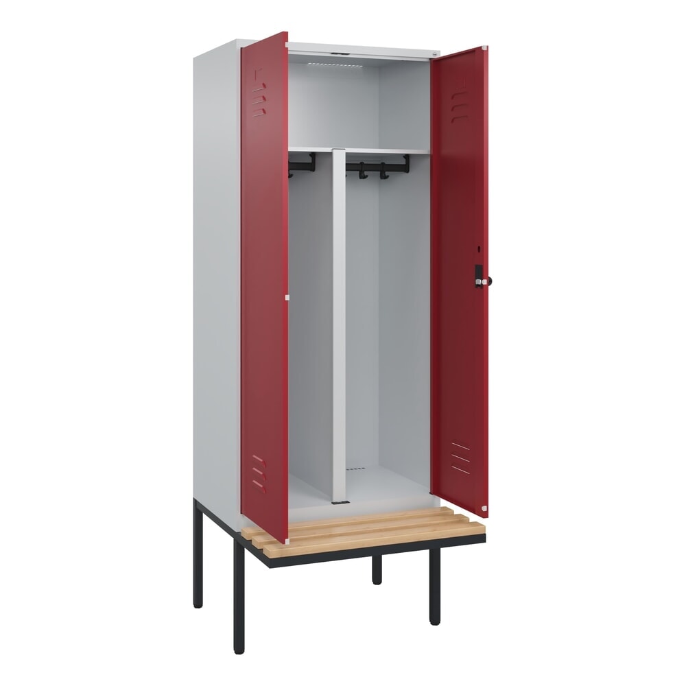 Produktabbildung Nr. 1: C+P PSA Doppel-Spind Classic PLUS, 2 Abteile, HxBxT 2.120 x 800 x 815 mm, für Vorhängeschloss, auskragende Bank aus Buche, lichtgrau, rubinrot