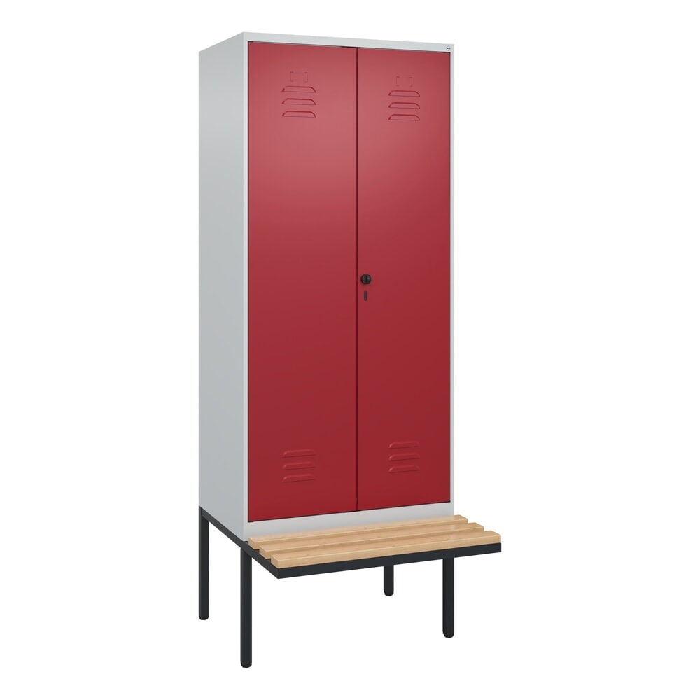 Produktabbildung Nr. 8: C+P PSA Doppel-Spind Classic PLUS, 2 Abteile, HxBxT 2.120 x 800 x 815 mm, für Vorhängeschloss, auskragende Bank aus Buche, lichtgrau, rubinrot
