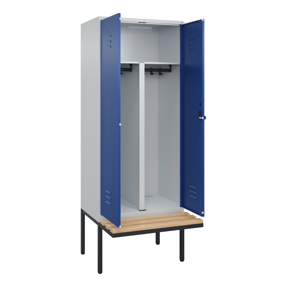 Produktabbildung: C+P PSA Doppel-Spind Classic PLUS, 2 Abteile, HxBxT 2.120 x 800 x 815 mm, für Vorhängeschloss, auskragende Bank aus Buche, lichtgrau, enzianblau