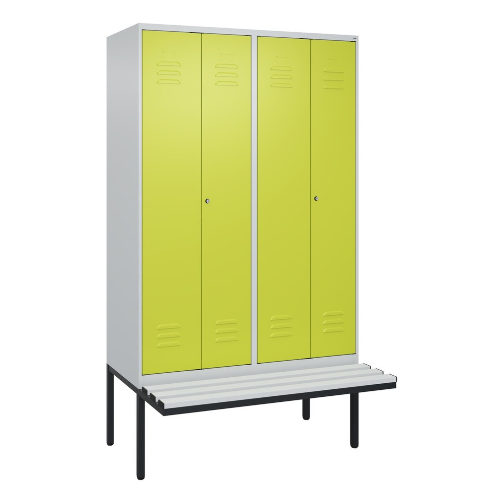 Produktabbildung: C+P PSA Doppel-Spind Classic PLUS, 4 Abteile, HxBxT 2.120 x 1.200 x 815 mm, Zylinderschloss, auskragende Bank aus Kunststoff, lichtgrau, clowngrün