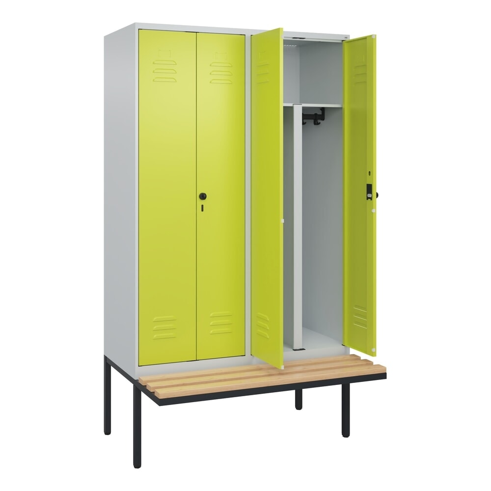 Produktabbildung Nr. 1: C+P PSA Doppel-Spind Classic PLUS, 4 Abteile, HxBxT 2.120 x 1.200 x 815 mm, für Vorhängeschloss, auskragende Bank aus Buche, lichtgrau, clowngrün