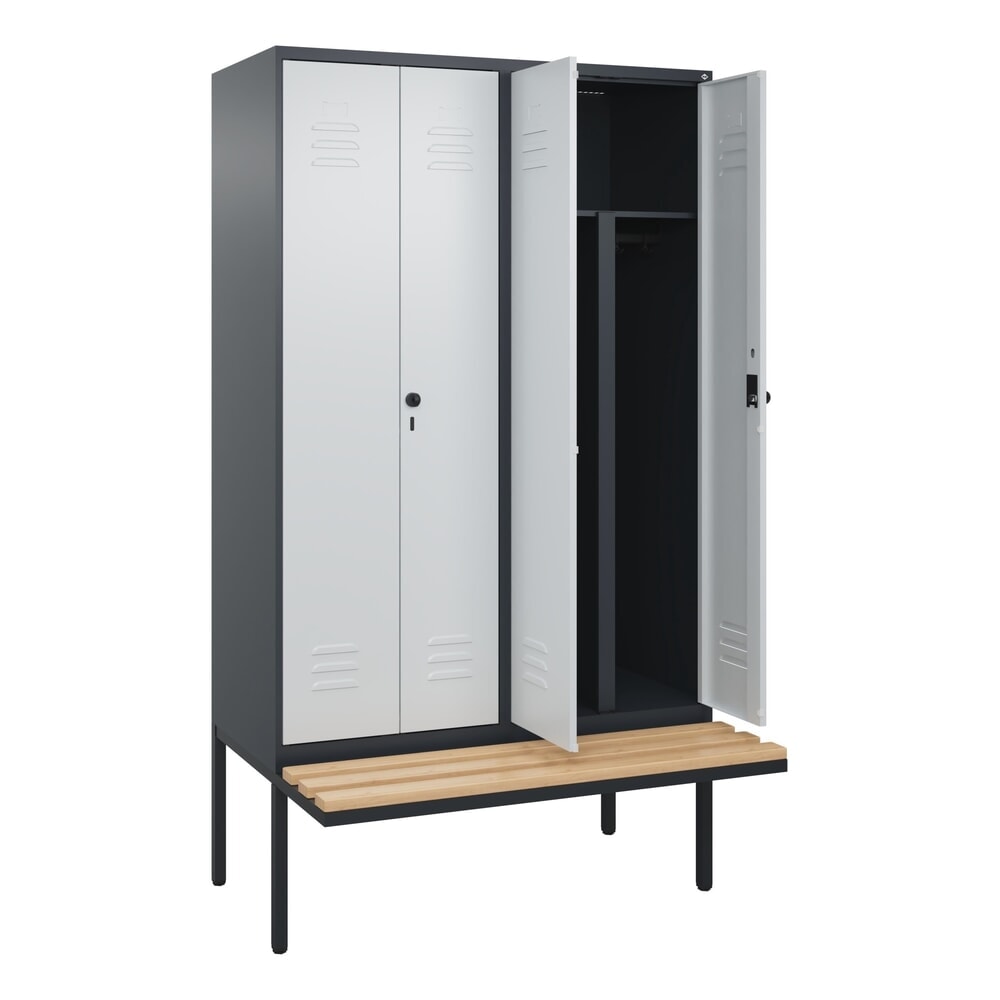 Produktabbildung: C+P PSA Doppel-Spind Classic PLUS, 4 Abteile, HxBxT 2.120 x 1.200 x 815 mm, für Vorhängeschloss, auskragende Bank aus Buche, anthrazitgrau, lichtgrau