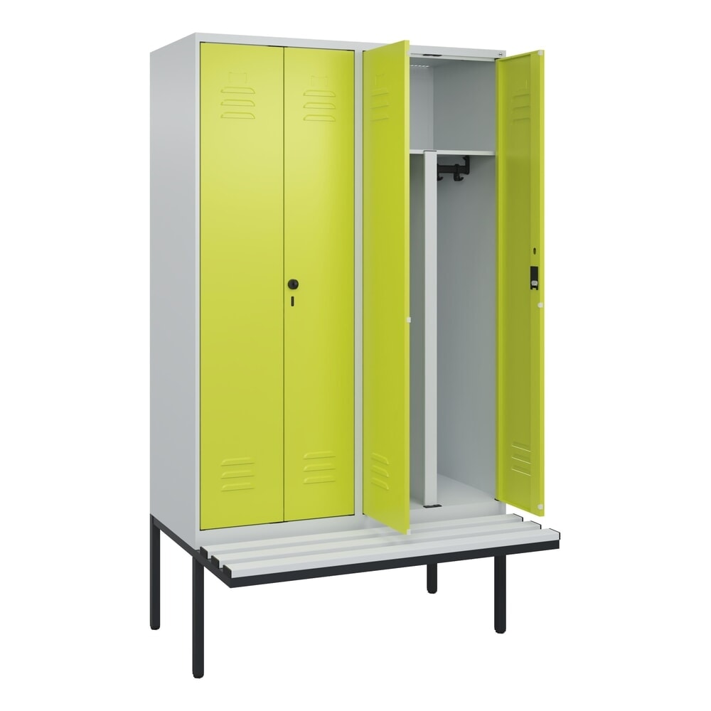 Produktabbildung: C+P PSA Doppel-Spind Classic PLUS, 4 Abteile, HxBxT 2.120 x 1.200 x 815 mm, Zylinderschloss, auskragende Bank aus Kunststoff, lichtgrau, clowngrün