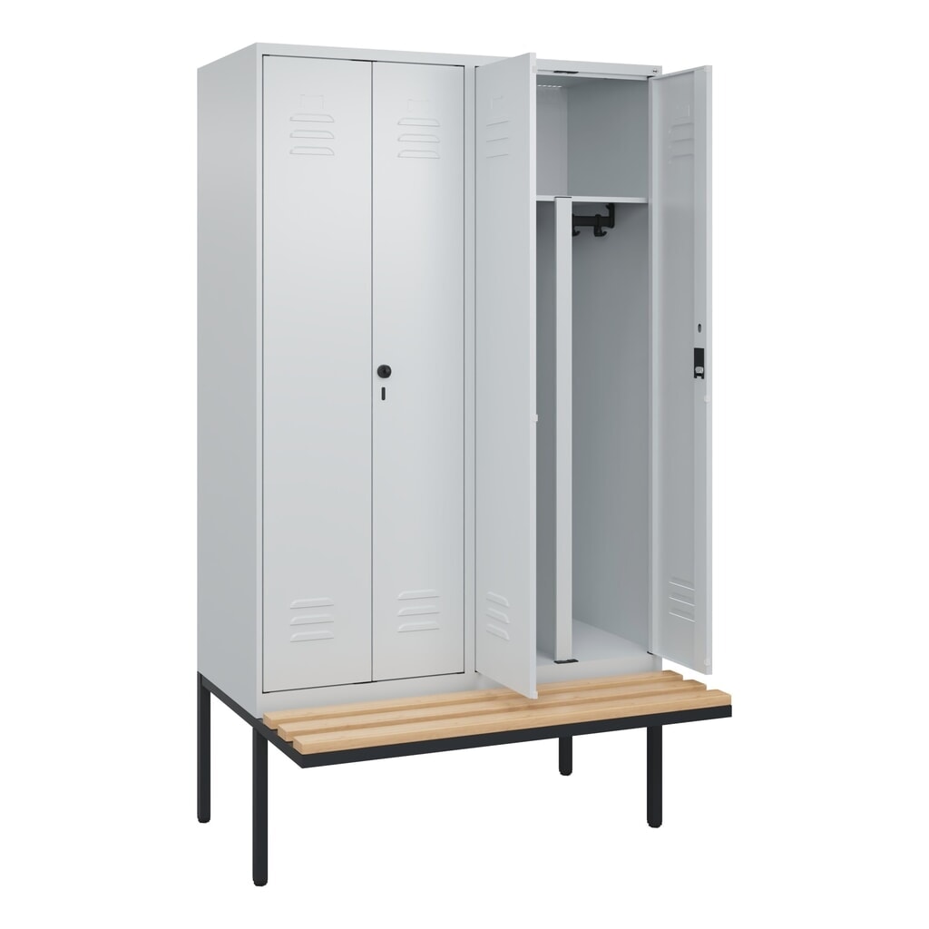 Produktabbildung Nr. 1: C+P PSA Doppel-Spind Classic PLUS, 4 Abteile, HxBxT 2.120 x 1.200 x 815 mm, Zylinderschloss, auskragende Bank aus Buche, lichtgrau, lichtgrau