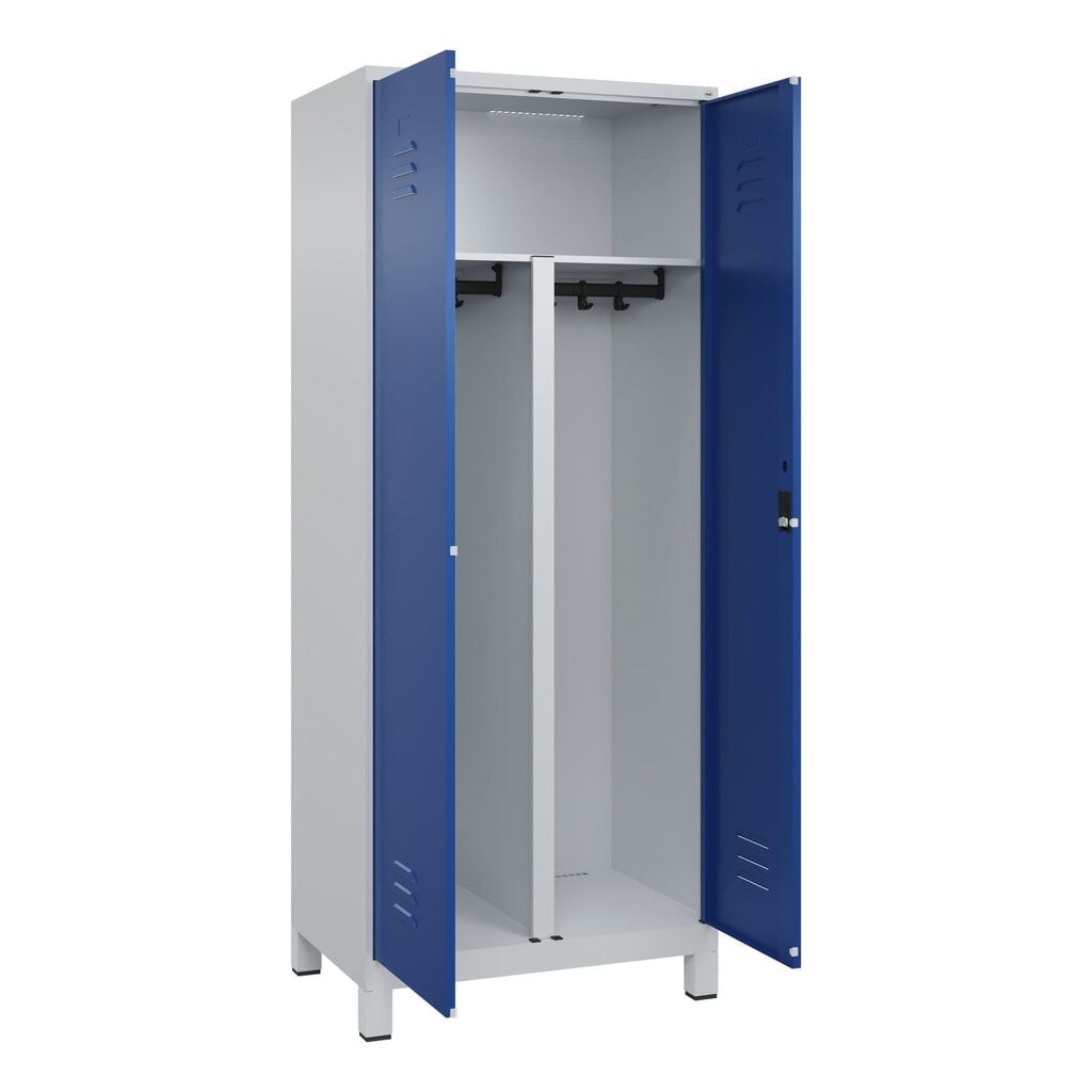 Produktabbildung: C+P PSA Doppel-Spind Classic PLUS, Füße, 2 Abteile, HxBxT 1.950 x 800 x 500 mm, lichtgrau, enzianblau, Zylinderschloss