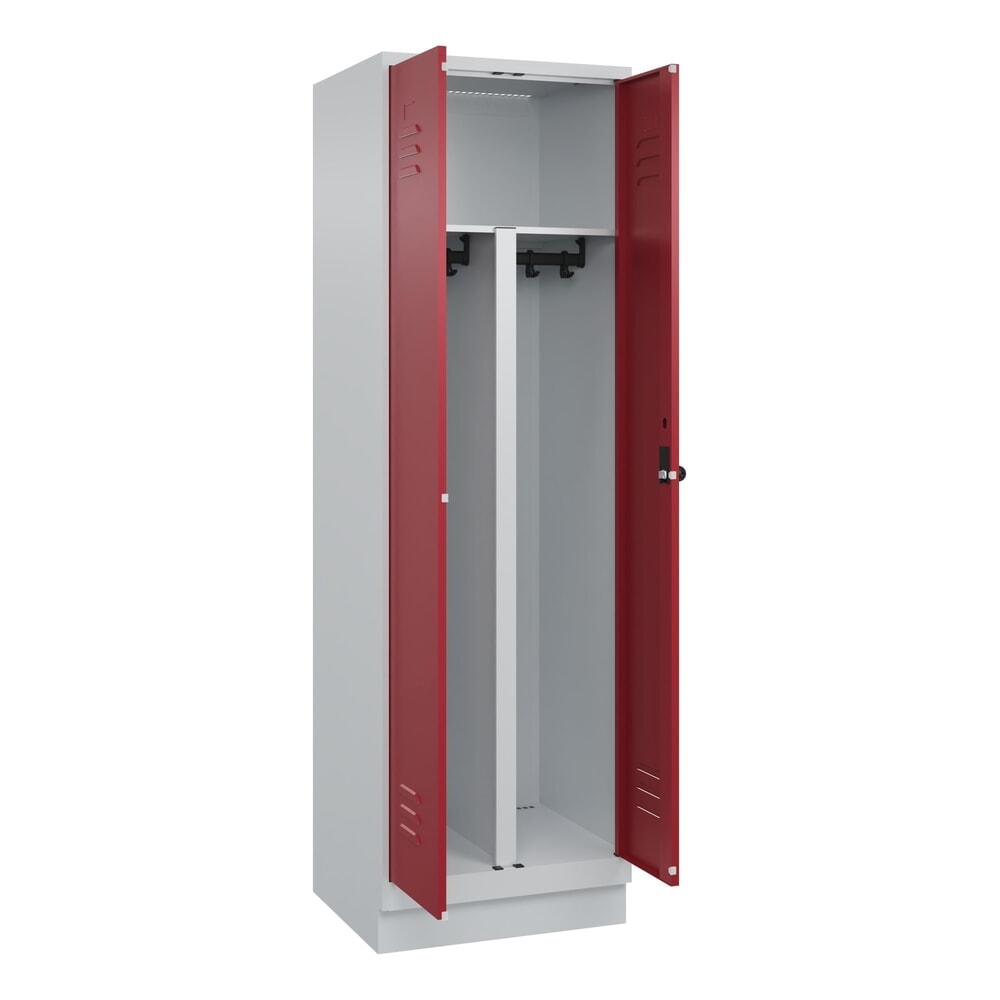 Produktabbildung: C+P PSA Doppel-Spind Classic PLUS, Sockel, 2 Abteile, HxBxT 1.950 x 600 x 500 mm, lichtgrau, rubinrot, für Vorhängeschloss