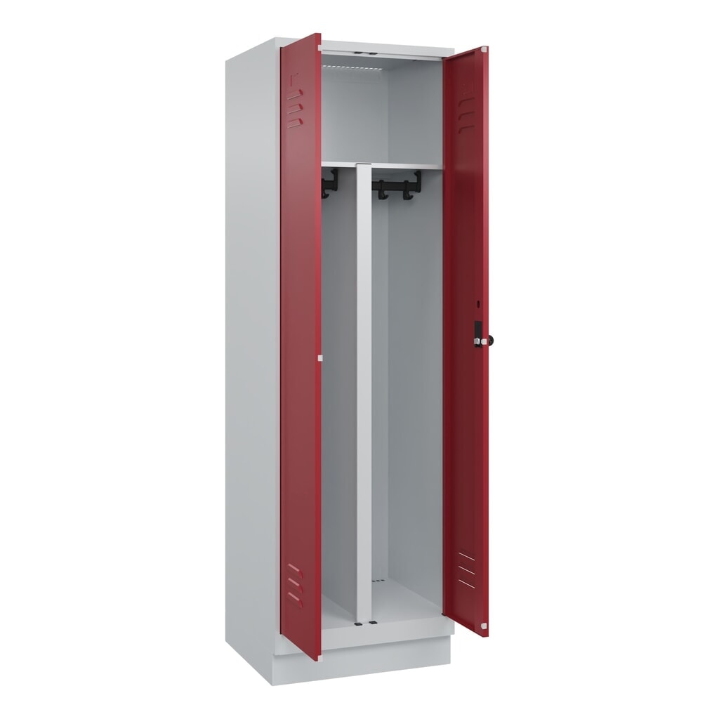 Produktabbildung: C+P PSA Doppel-Spind Classic PLUS, Sockel, 2 Abteile, HxBxT 1.950 x 600 x 500 mm, lichtgrau, rubinrot, für Vorhängeschloss