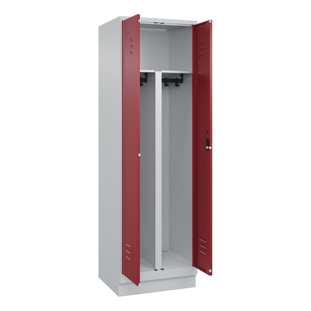 Produktabbildung: C+P PSA Doppel-Spind Classic PLUS, Sockel, 2 Abteile, HxBxT 1.950 x 600 x 500 mm, lichtgrau, rubinrot, Zylinderschloss
