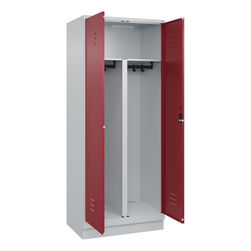 Produktabbildung: C+P PSA Doppel-Spind Classic PLUS, Sockel, 2 Abteile, HxBxT 1.950 x 800 x 500 mm, lichtgrau, rubinrot, Zylinderschloss