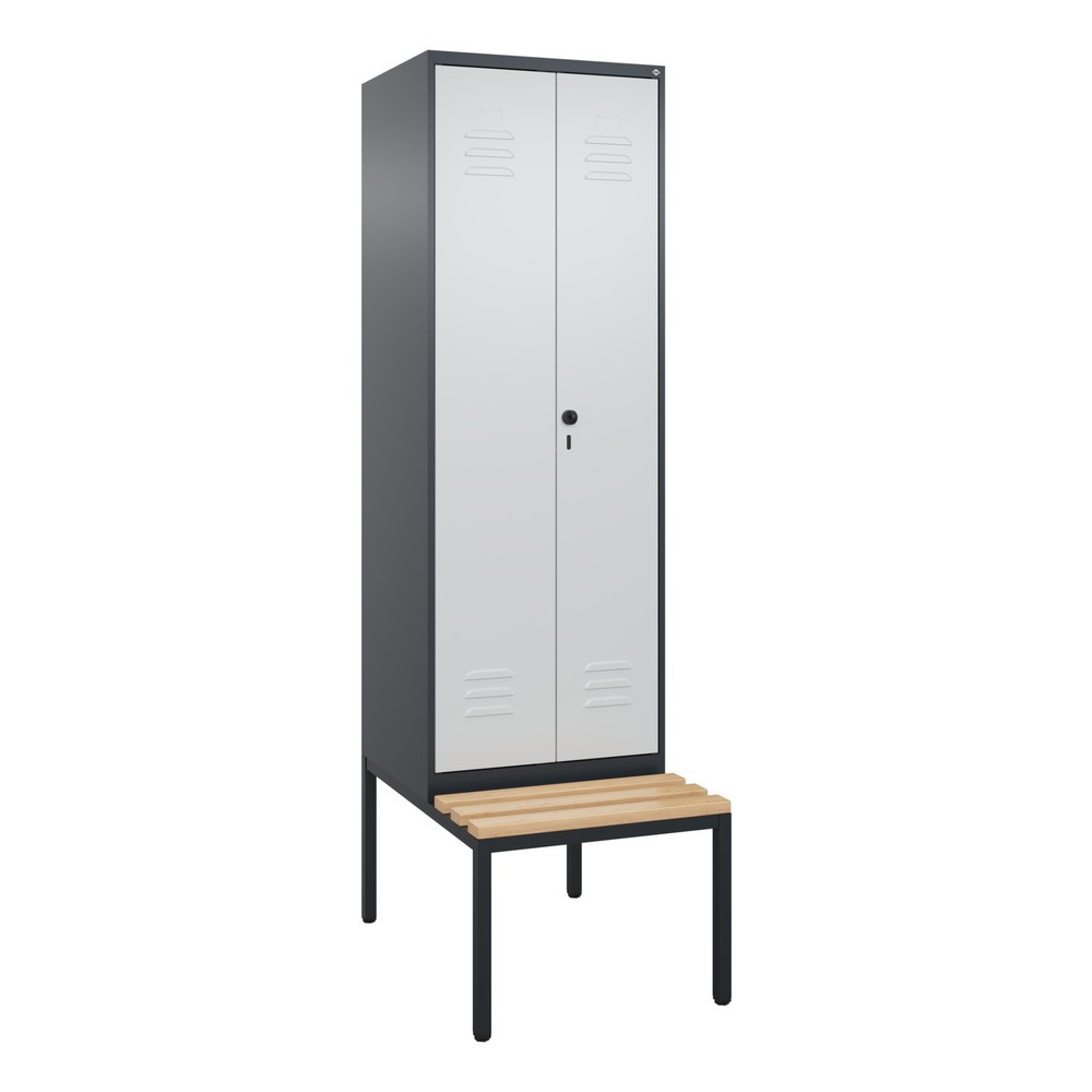Produktabbildung: C+P PSA Doppel-Spind Classic PLUS, 2 Abteile, HxBxT 2.120 x 600 x 815 mm, für Vorhängeschloss, untergebaute Bank aus Buche, anthrazitgrau, lichtgrau