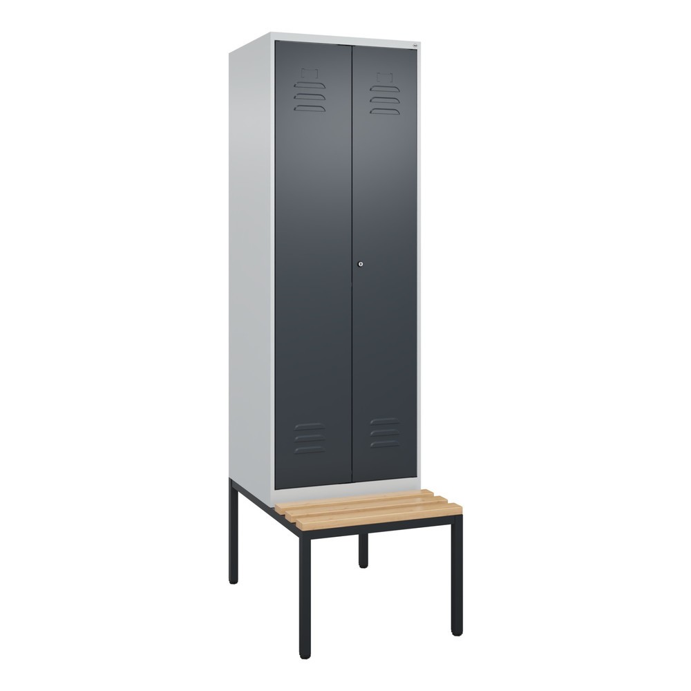 Produktabbildung: C+P PSA Doppel-Spind Classic PLUS, 2 Abteile, HxBxT 2.120 x 600 x 815 mm, Zylinderschloss, untergebaute Bank aus Buche, lichtgrau, anthrazitgrau