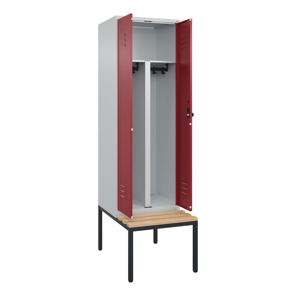 Produktabbildung Nr. 1: C+P PSA Doppel-Spind Classic PLUS, 2 Abteile, HxBxT 2.120 x 600 x 815 mm, für Vorhängeschloss, untergebaute Bank aus Buche, lichtgrau, rubinrot