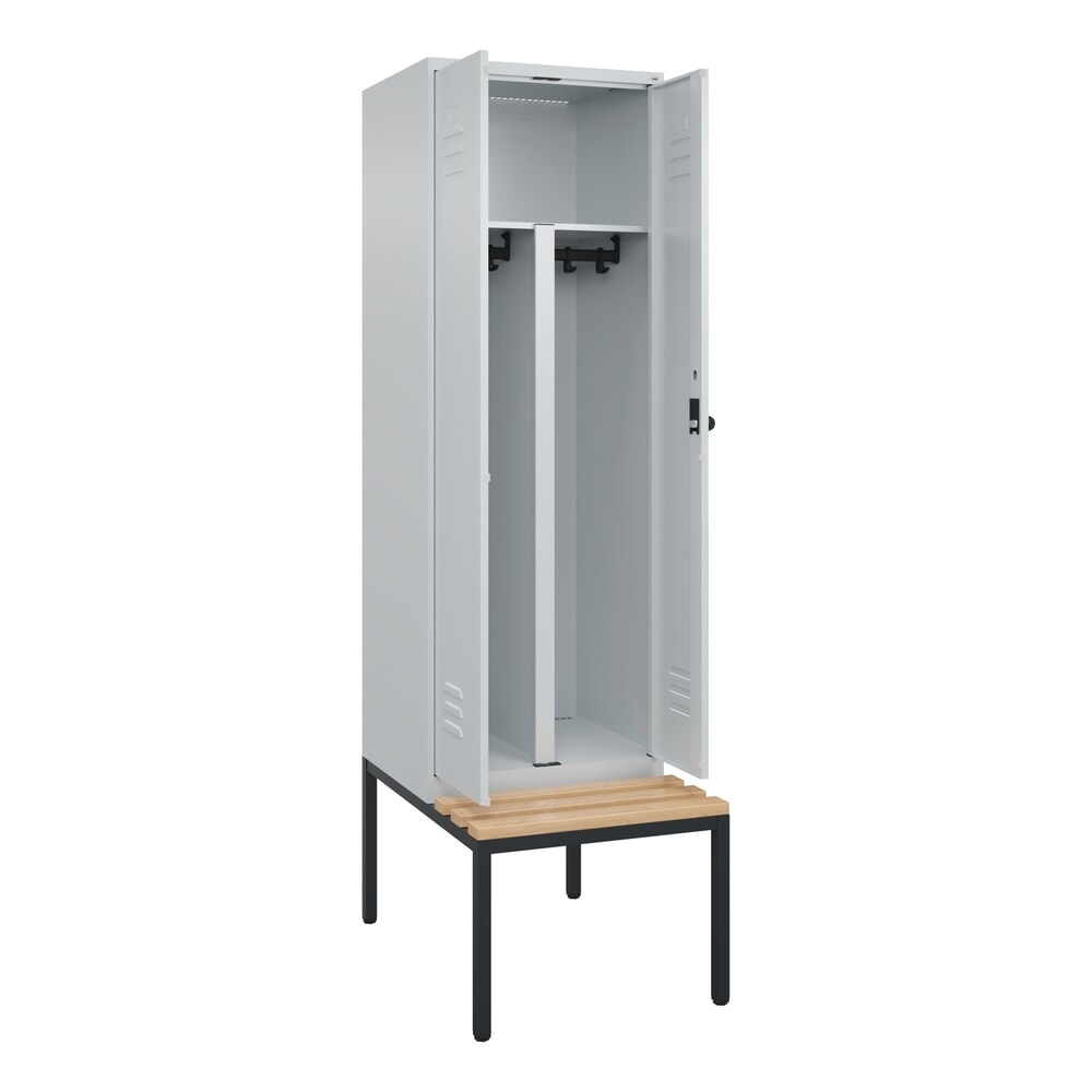 Produktabbildung Nr. 1: C+P PSA Doppel-Spind Classic PLUS, 2 Abteile, HxBxT 2.120 x 600 x 815 mm, für Vorhängeschloss, untergebaute Bank aus Buche, lichtgrau, lichtgrau