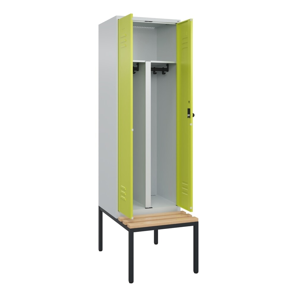 Produktabbildung: C+P PSA Doppel-Spind Classic PLUS, 2 Abteile, HxBxT 2.120 x 600 x 815 mm, für Vorhängeschloss, untergebaute Bank aus Buche, lichtgrau, clowngrün