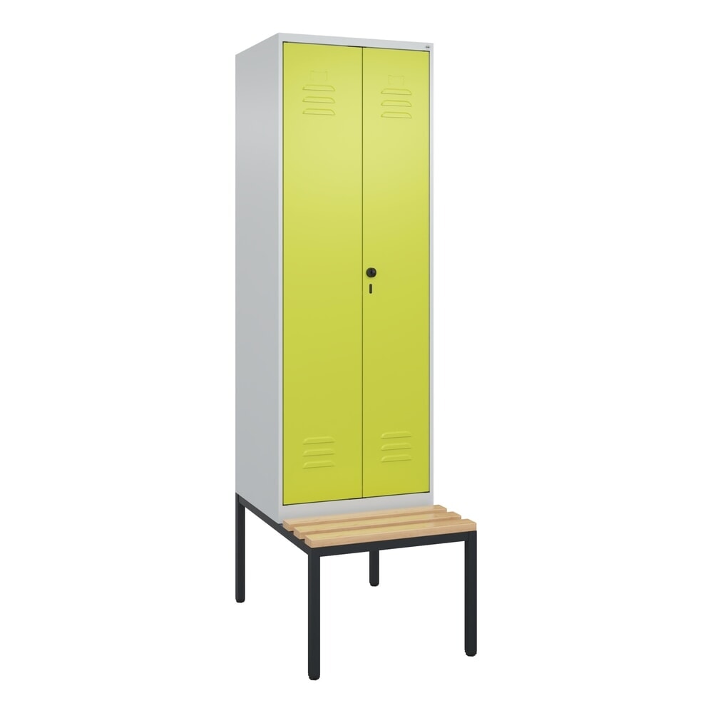 Produktabbildung Nr. 9: C+P PSA Doppel-Spind Classic PLUS, 2 Abteile, HxBxT 2.120 x 600 x 815 mm, für Vorhängeschloss, untergebaute Bank aus Buche, lichtgrau, clowngrün