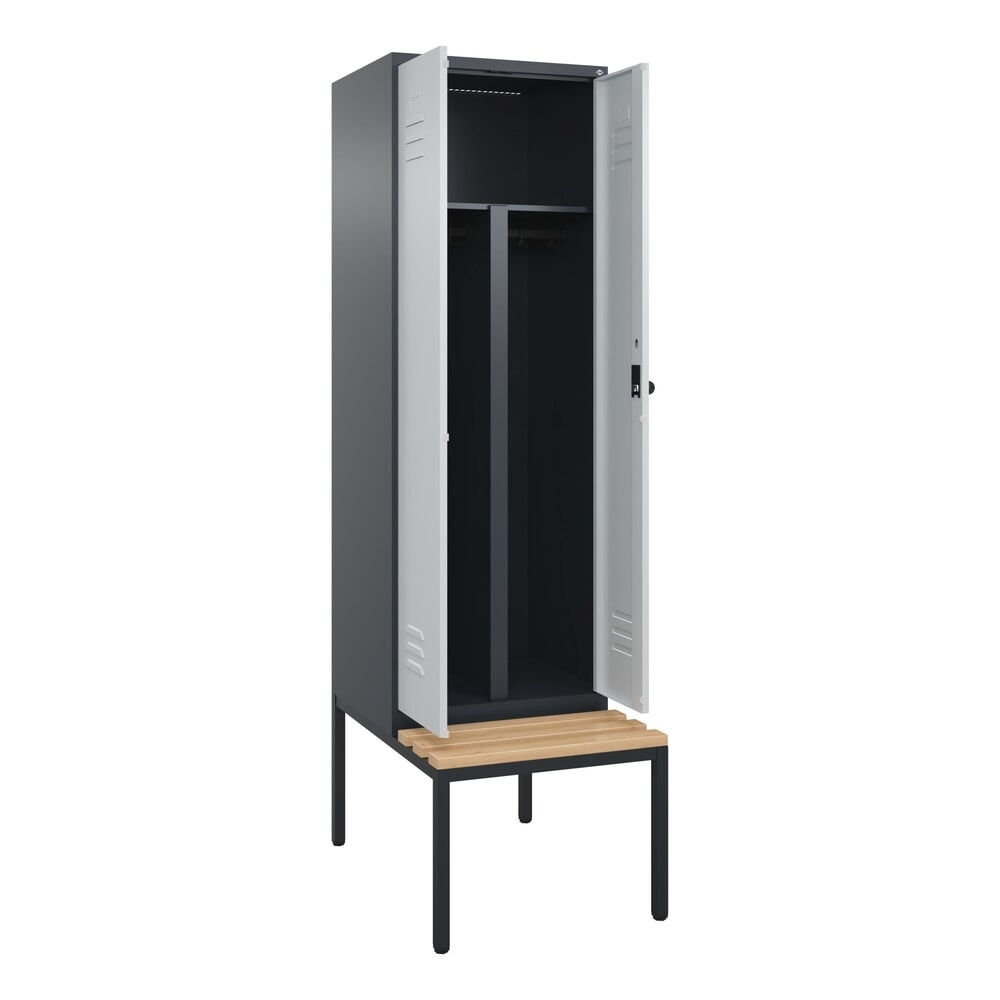 Produktabbildung: C+P PSA Doppel-Spind Classic PLUS, 2 Abteile, HxBxT 2.120 x 600 x 815 mm, für Vorhängeschloss, untergebaute Bank aus Buche, anthrazitgrau, lichtgrau