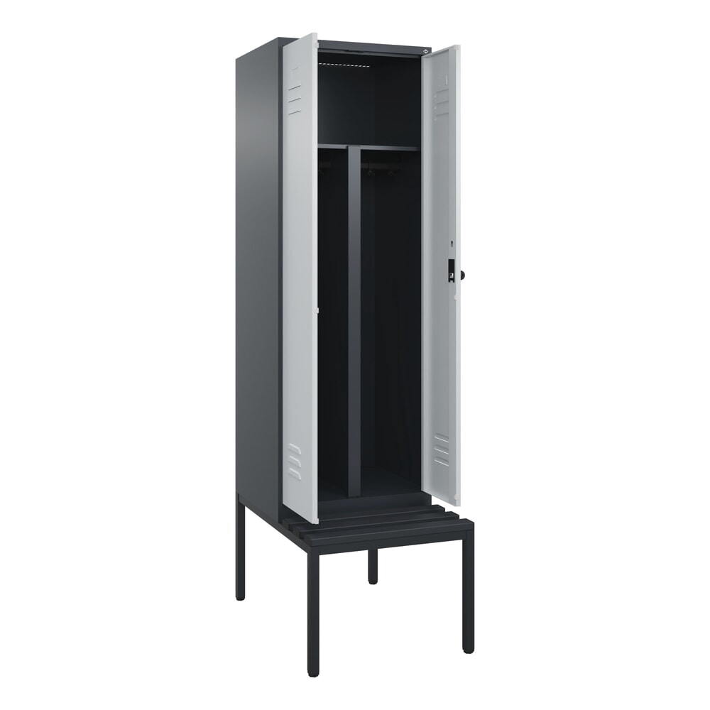 Produktabbildung: C+P PSA Doppel-Spind Classic PLUS, 2 Abteile, HxBxT 2.120 x 600 x 815 mm, für Vorhängeschloss, untergebaute Bank aus Kunststoff, anthrazitgrau, lichtgrau