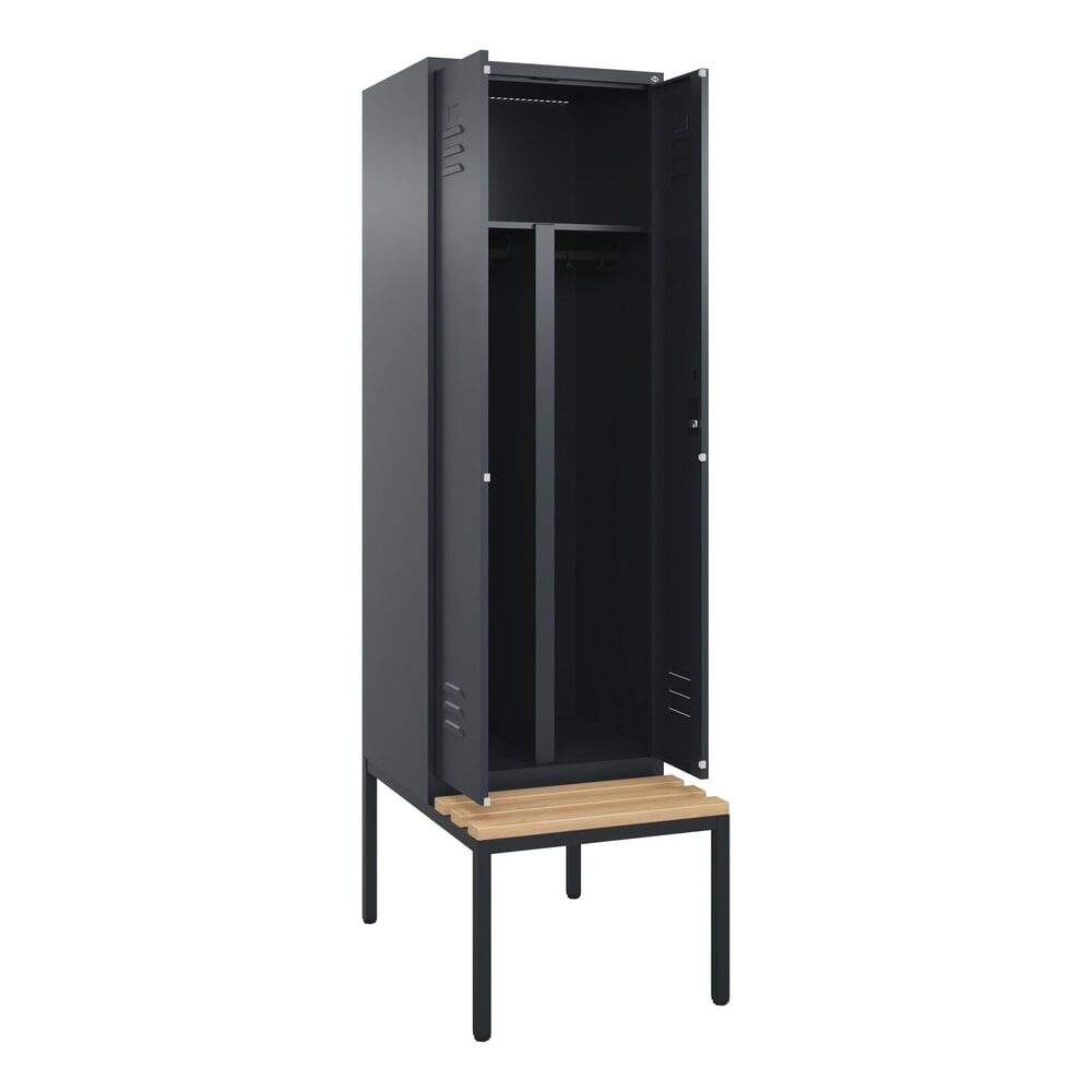 Produktabbildung: C+P PSA Doppel-Spind Classic PLUS, 2 Abteile, HxBxT 2.120 x 600 x 815 mm, Zylinderschloss, untergebaute Bank aus Buche, anthrazitgrau, anthrazitgrau