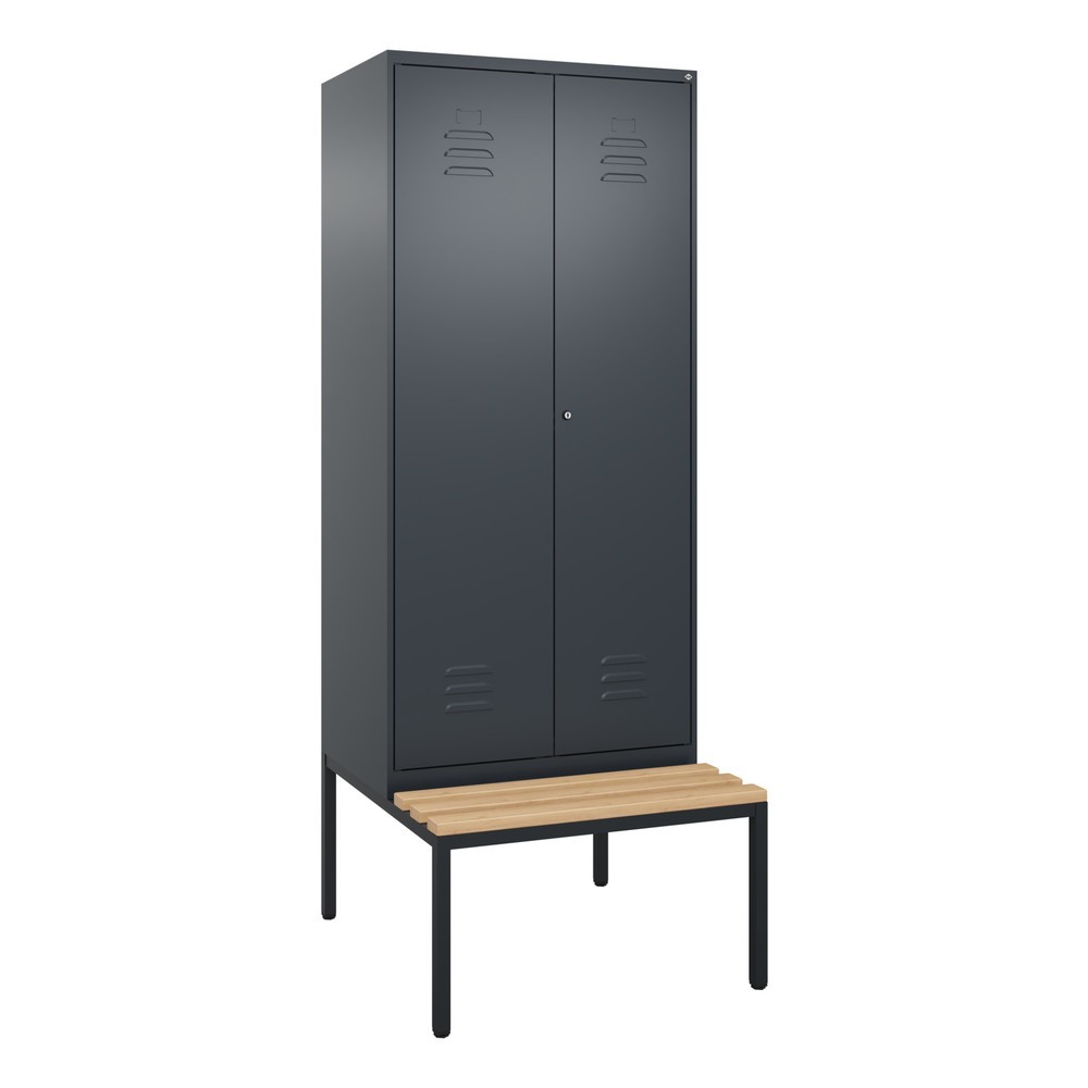 Produktabbildung: C+P PSA Doppel-Spind Classic PLUS, 2 Abteile, HxBxT 2.120 x 800 x 815 mm, Zylinderschloss, untergebaute Bank aus Buche, anthrazitgrau, anthrazitgrau