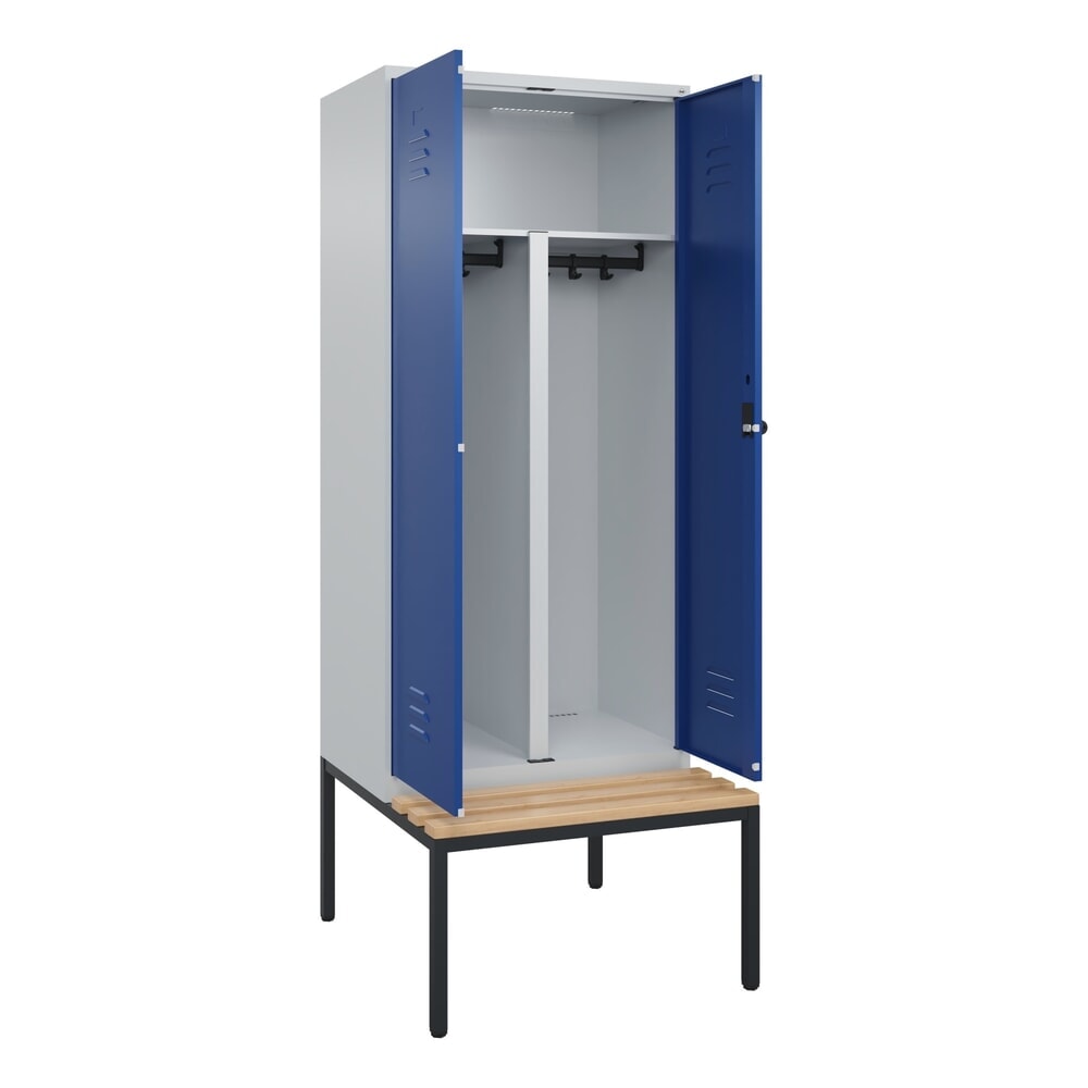 Produktabbildung Nr. 1: C+P PSA Doppel-Spind Classic PLUS, 2 Abteile, HxBxT 2.120 x 800 x 815 mm, für Vorhängeschloss, untergebaute Bank aus Buche, lichtgrau, enzianblau