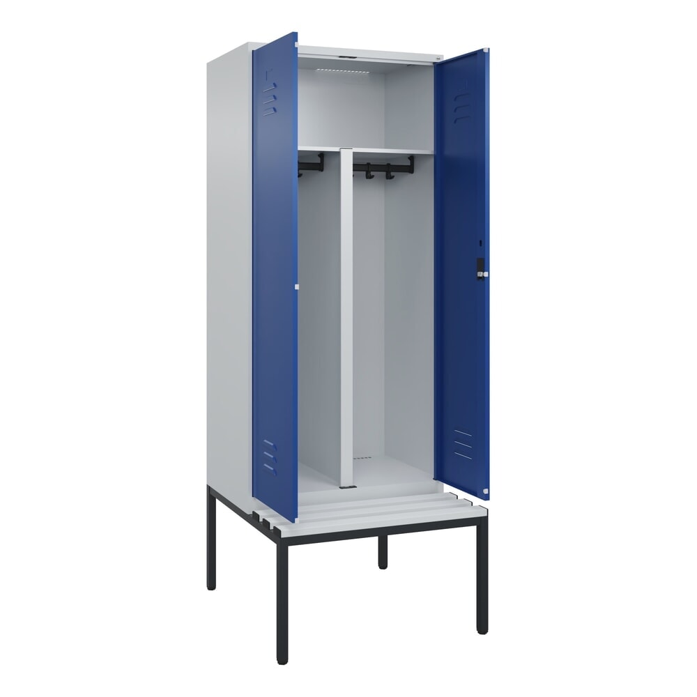 Produktabbildung Nr. 1: C+P PSA Doppel-Spind Classic PLUS, 2 Abteile, HxBxT 2.120 x 800 x 815 mm, Zylinderschloss, untergebaute Bank aus Kunststoff, lichtgrau, enzianblau