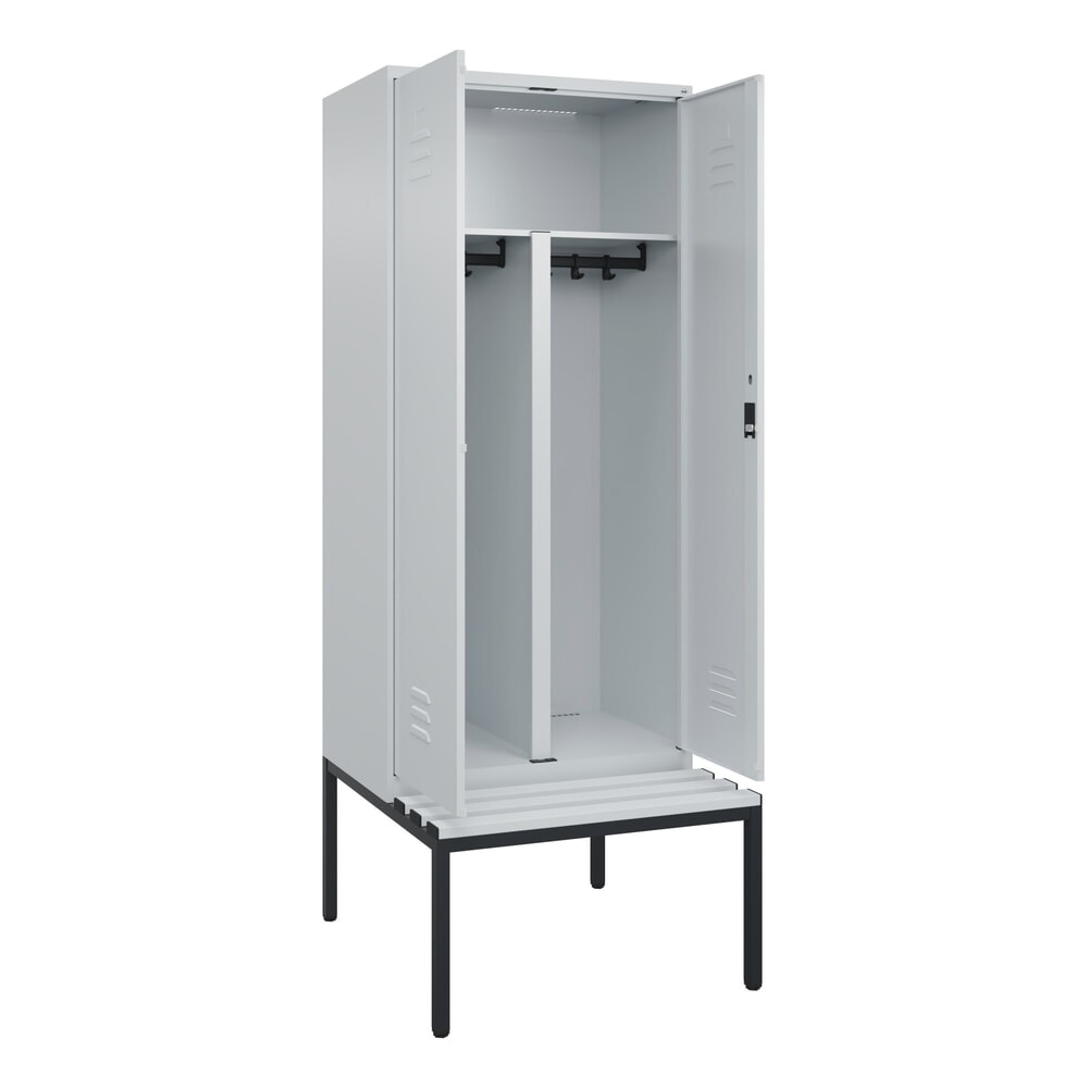 Produktabbildung: C+P PSA Doppel-Spind Classic PLUS, 2 Abteile, HxBxT 2.120 x 800 x 815 mm, Zylinderschloss, untergebaute Bank aus Kunststoff, lichtgrau, lichtgrau