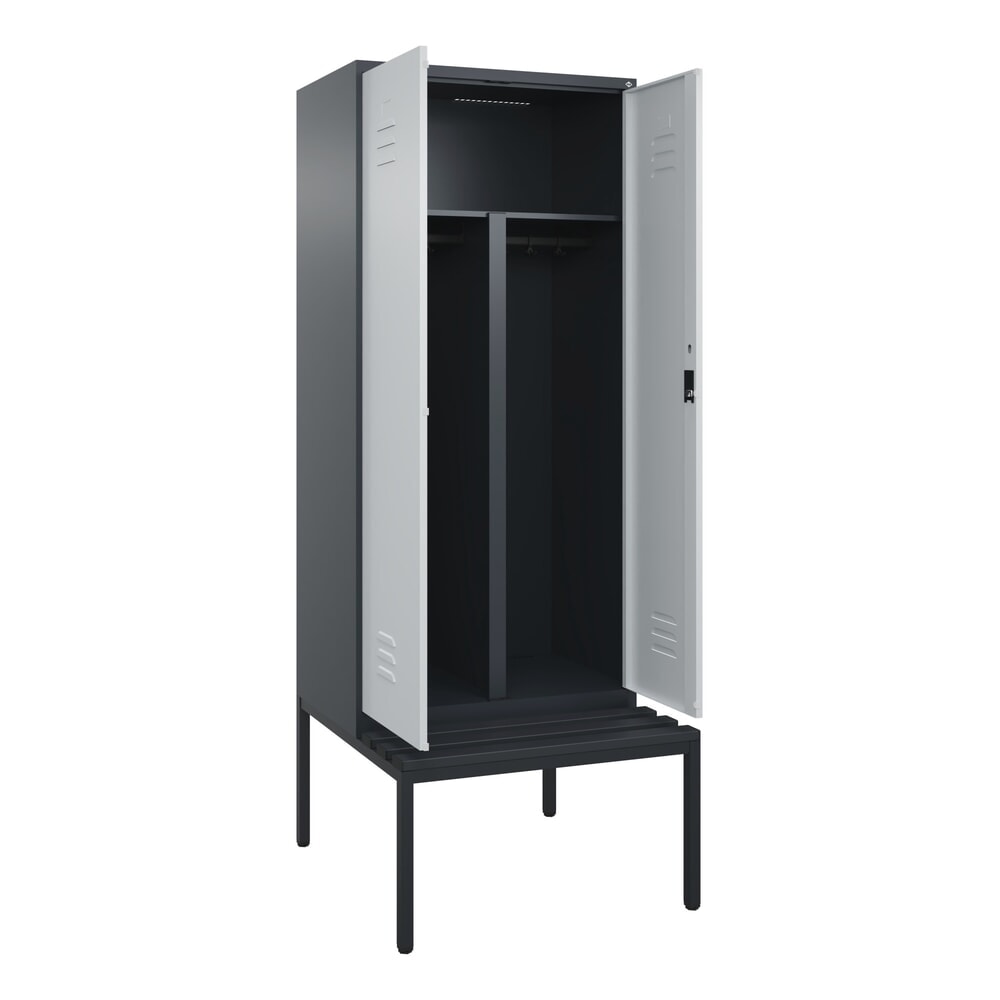 Produktabbildung: C+P PSA Doppel-Spind Classic PLUS, 2 Abteile, HxBxT 2.120 x 800 x 815 mm, Zylinderschloss, untergebaute Bank aus Kunststoff, anthrazitgrau, lichtgrau