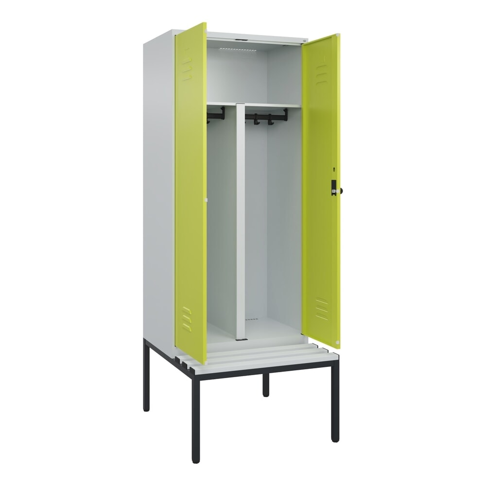 Produktabbildung: C+P PSA Doppel-Spind Classic PLUS, 2 Abteile, HxBxT 2.120 x 800 x 815 mm, für Vorhängeschloss, untergebaute Bank aus Kunststoff, lichtgrau, clowngrün
