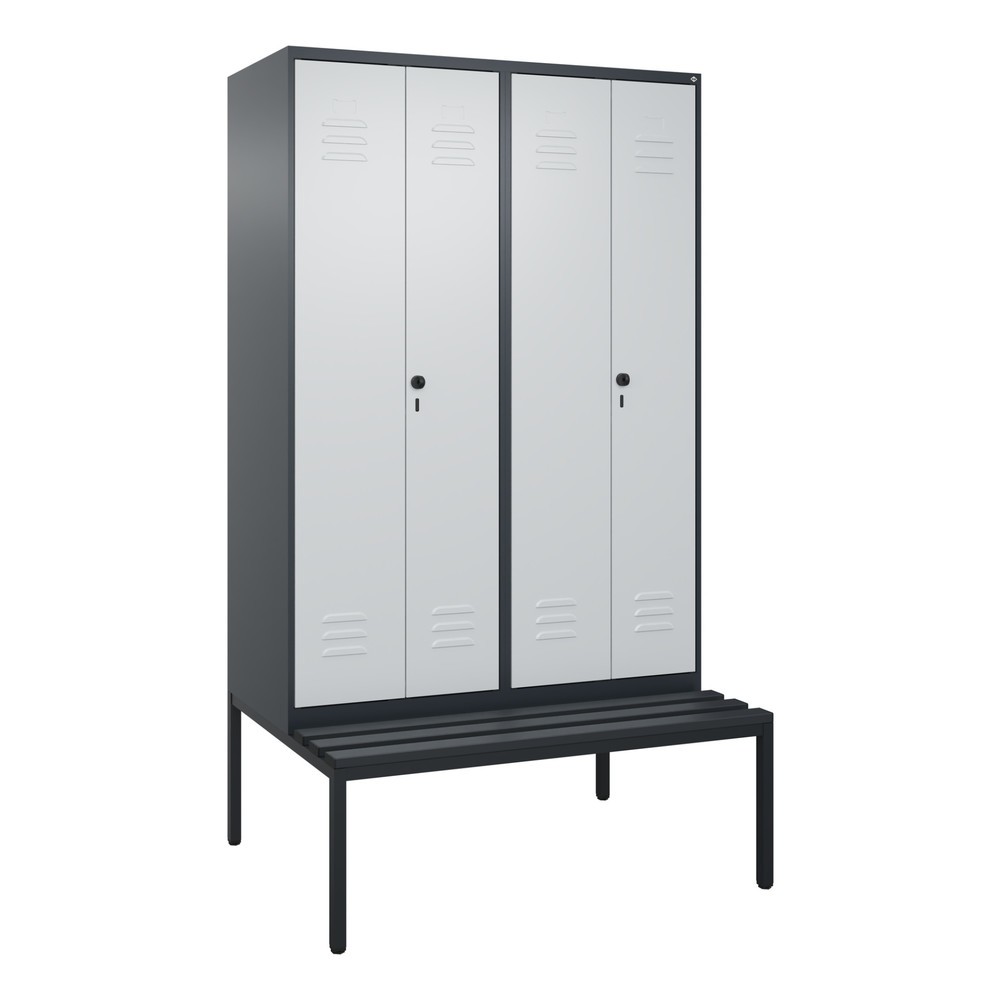 Produktabbildung: C+P PSA Doppel-Spind Classic PLUS, 4 Abteile, HxBxT 2.120 x 1.200 x 815 mm, für Vorhängeschloss, untergebaute Bank aus Kunststoff, anthrazitgrau, lichtgrau