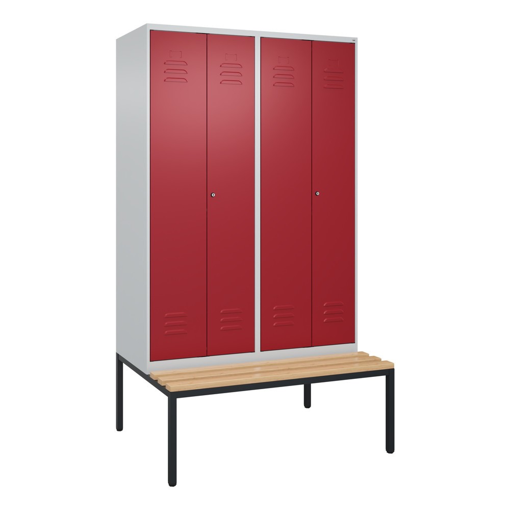 Produktabbildung: C+P PSA Doppel-Spind Classic PLUS, 4 Abteile, HxBxT 2.120 x 1.200 x 815 mm, Zylinderschloss, untergebaute Bank aus Buche, lichtgrau, rubinrot