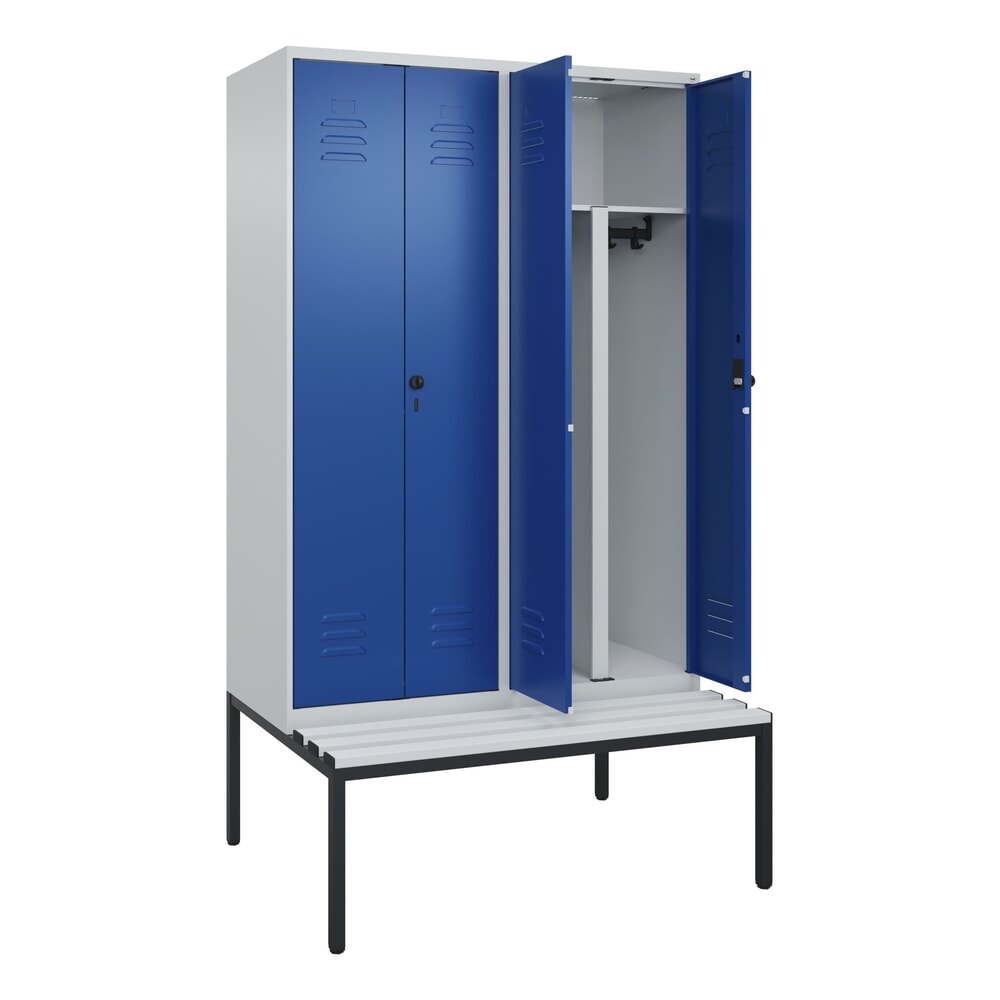 Produktabbildung Nr. 1: C+P PSA Doppel-Spind Classic PLUS, 4 Abteile, HxBxT 2.120 x 1.200 x 815 mm, für Vorhängeschloss, untergebaute Bank aus Kunststoff, lichtgrau, enzianblau