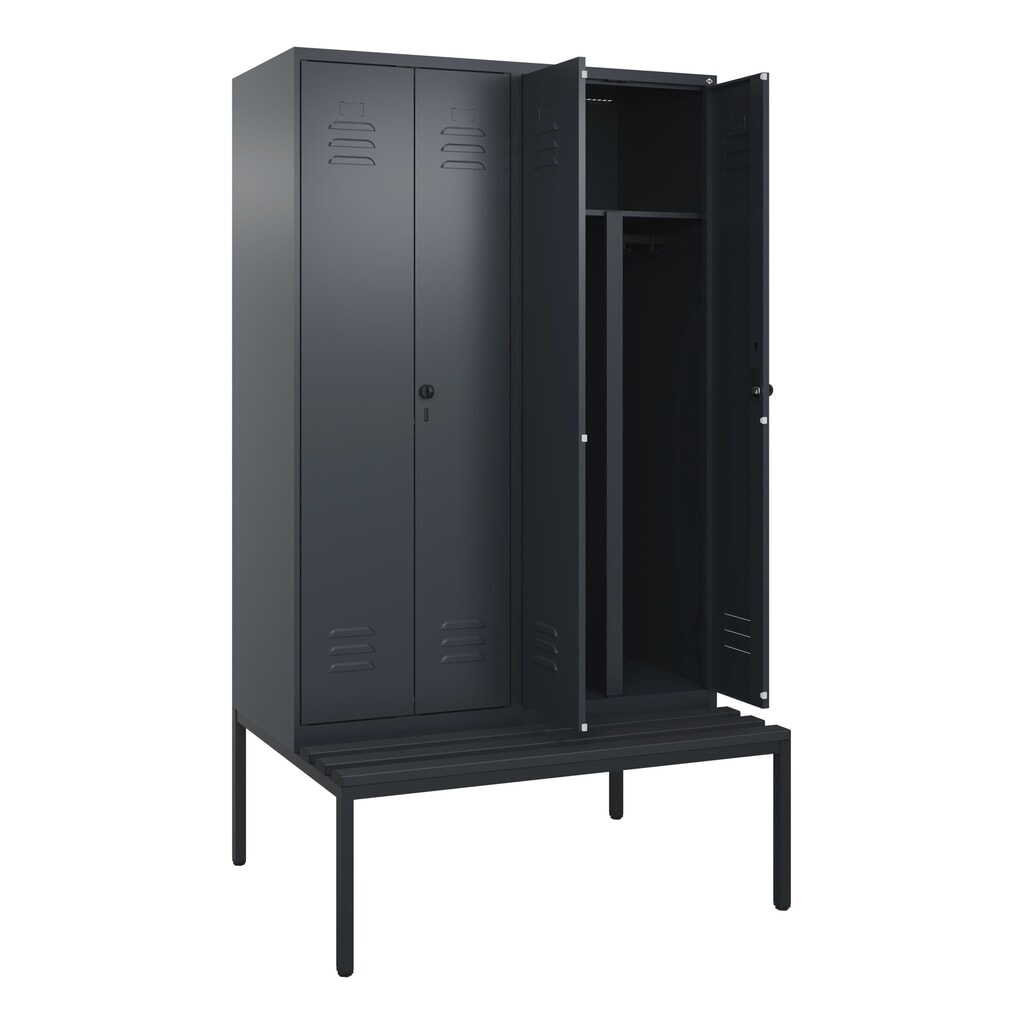 C+P PSA Doppel-Spind Classic PLUS, 4 Abteile, HxBxT 2.120 x 1.200 x 815 mm, für Vorhängeschloss, untergebaute Bank aus Kunststoff, anthrazitgrau, anthrazitgrau Produktabbildung: C+P PSA Doppel-Spind Classic PLUS, 4 Abteile, HxBxT 2.120 x 1.200 x 815 mm, für Vorhängeschloss, untergebaute Bank aus Kunststoff, anthrazitgrau, anthrazitgrau