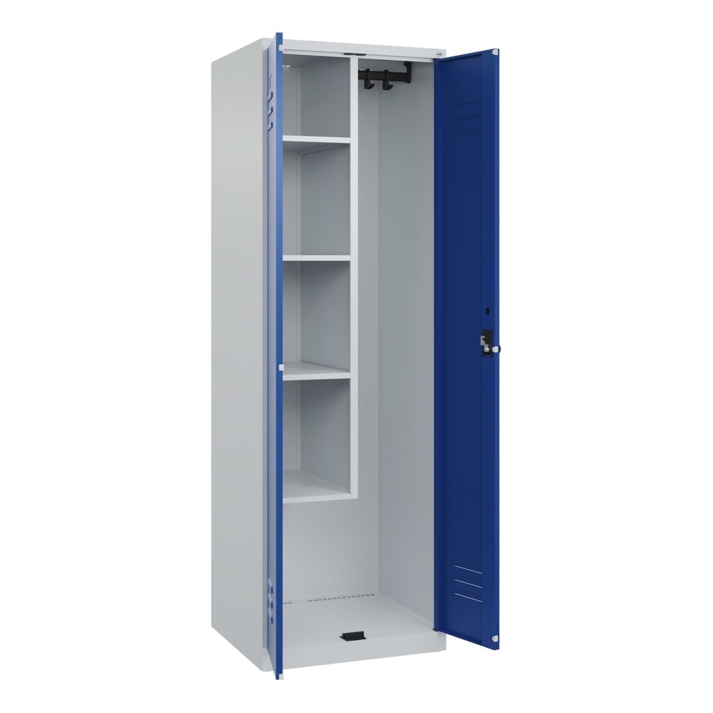 Produktabbildung: C+P Putzmittel-Spind Classic PLUS, 2 Abteile, HxBxT 1.850 x 600 x 500 mm, lichtgrau, enzianblau, für Vorhängeschloss