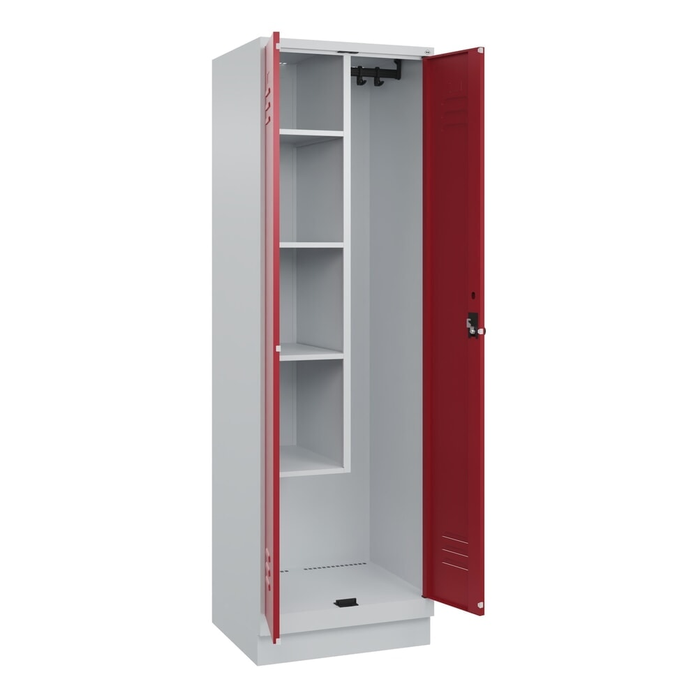 Produktabbildung: C+P Putzmittel-Spind Classic PLUS, Sockel, 2 Abteile, HxBxT 1.950 x 600 x 500 mm, lichtgrau, rubinrot, für Vorhängeschloss