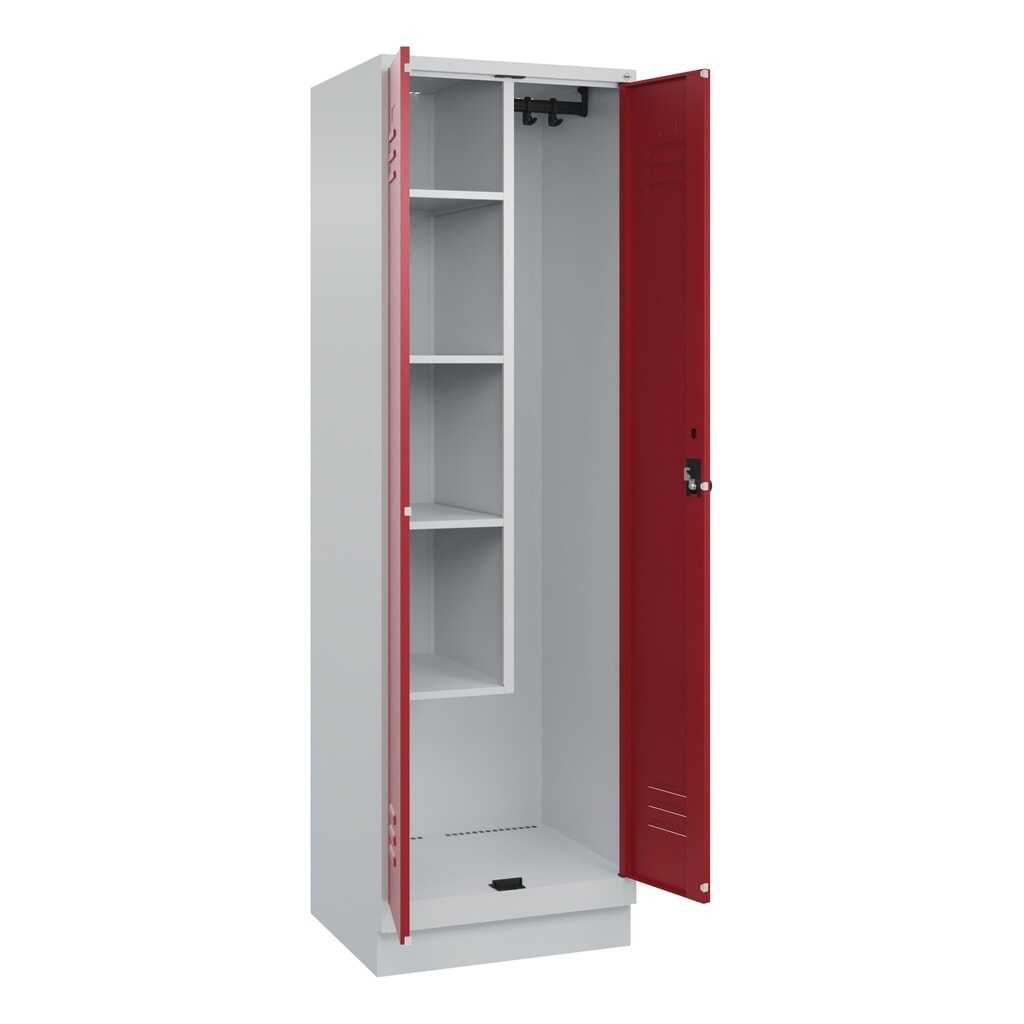 Produktabbildung: C+P Putzmittel-Spind Classic PLUS, Sockel, 2 Abteile, HxBxT 1.950 x 600 x 500 mm, lichtgrau, rubinrot, für Vorhängeschloss