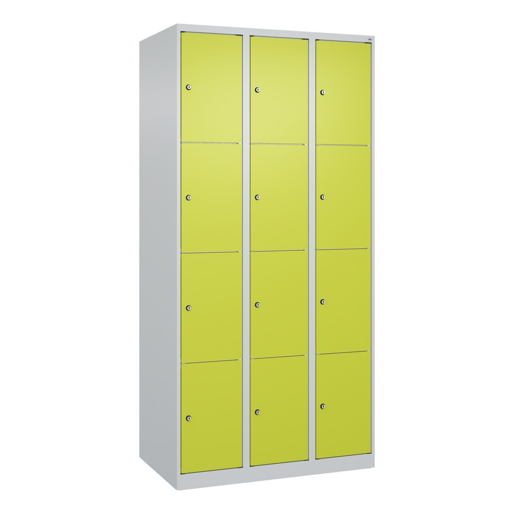 Produktabbildung: C+P Schließfachschrank Classic PLUS, 3 Abteile, HxBxT 1.850 x 900 x 500 mm, lichtgrau, clowngrün, 12 Fächer, Zylinderschloss