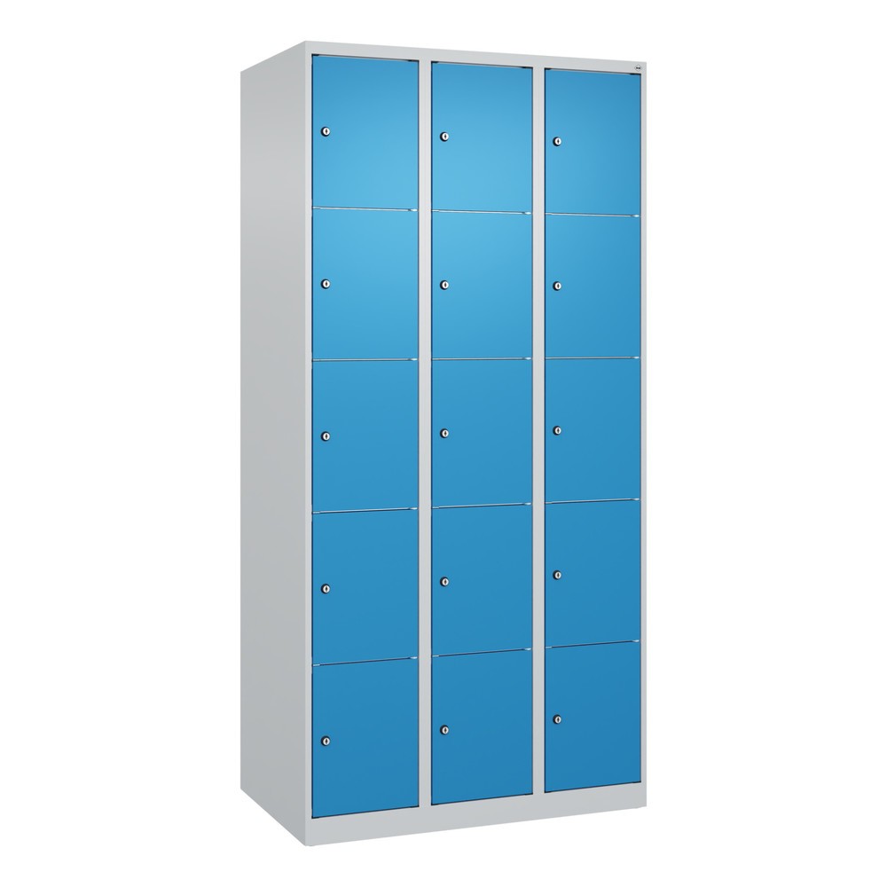 Produktabbildung: C+P Schließfachschrank Classic PLUS, 3 Abteile, HxBxT 1.850 x 900 x 500 mm, lichtgrau, lichtblau, 15 Fächer, Zylinderschloss