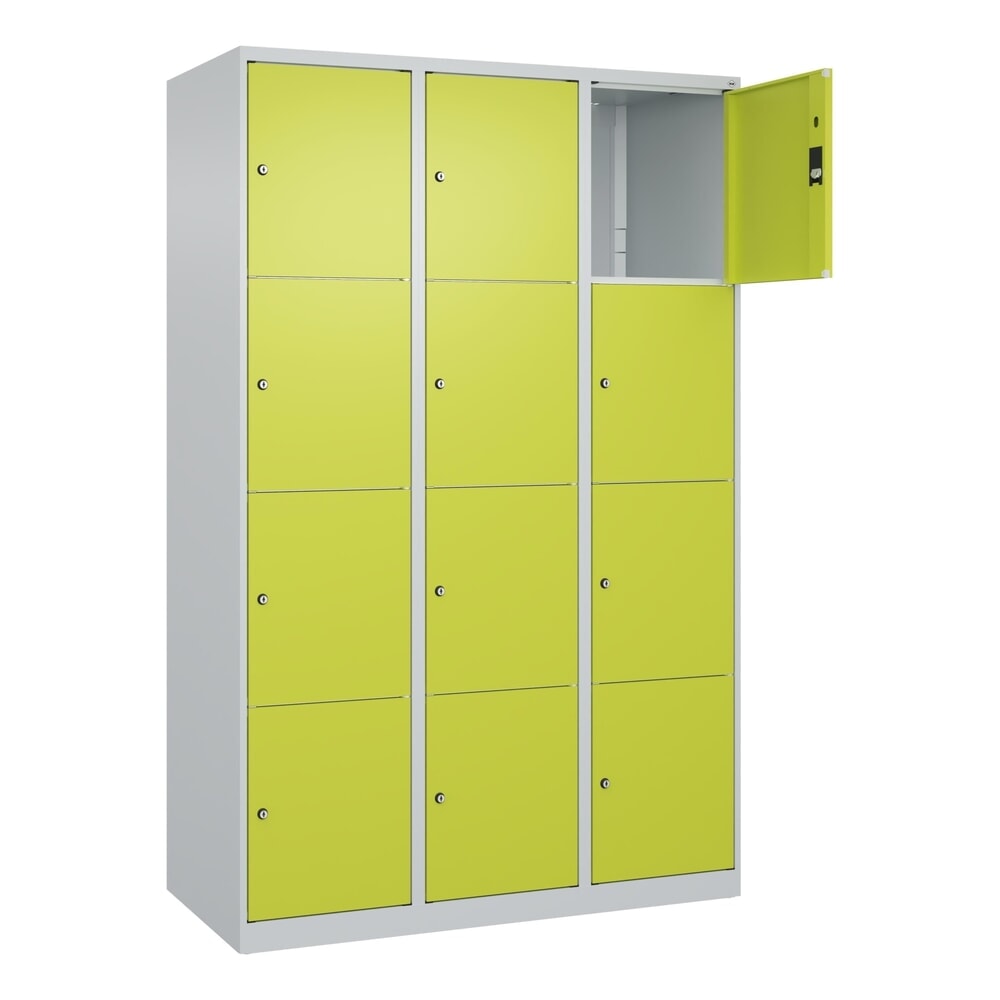 Produktabbildung Nr. 1: C+P Schließfachschrank Classic PLUS, 3 Abteile, HxBxT 1.850 x 1.200 x 500 mm, lichtgrau, clowngrün, 12 Fächer, Zylinderschloss