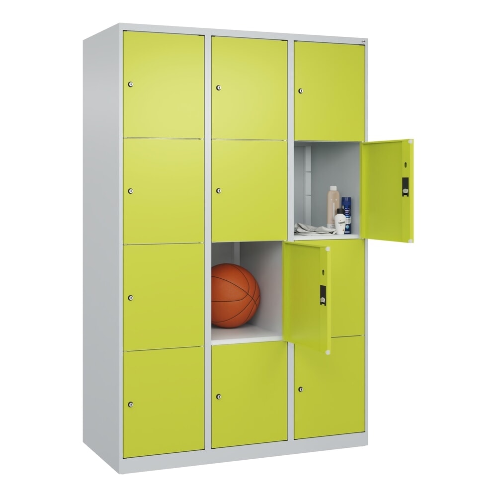 Produktabbildung Nr. 10: C+P Schließfachschrank Classic PLUS, 3 Abteile, HxBxT 1.850 x 1.200 x 500 mm, lichtgrau, clowngrün, 12 Fächer, Zylinderschloss
