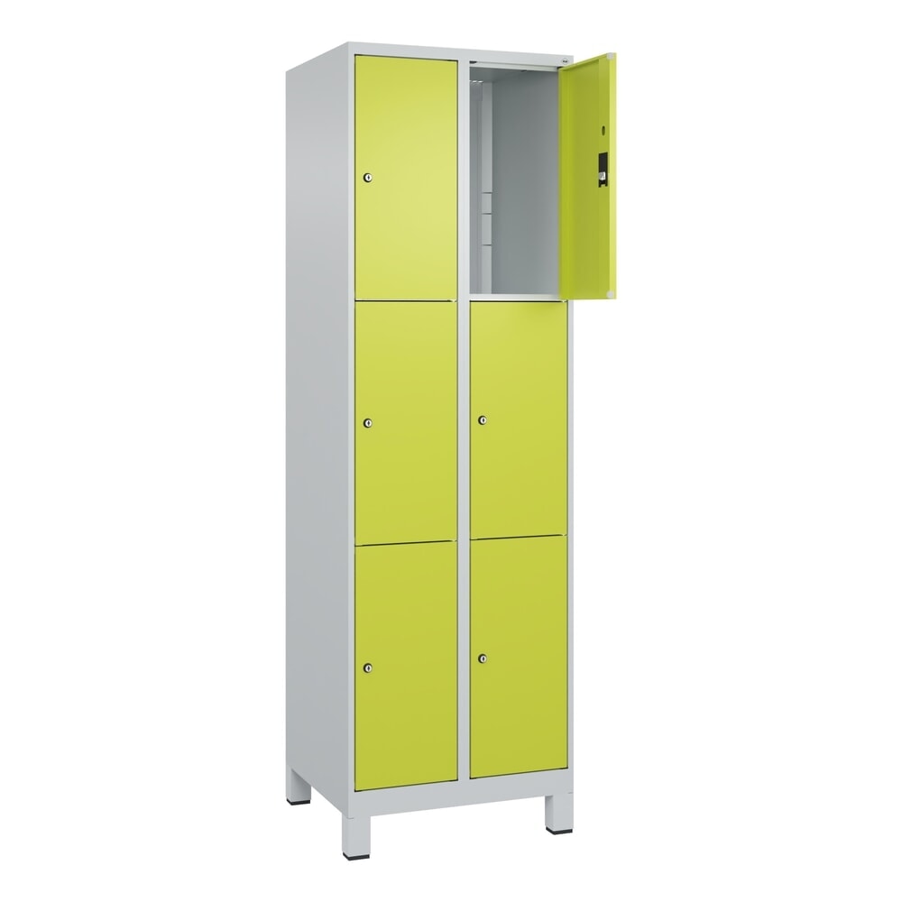 Produktabbildung: C+P Schließfachschrank Classic PLUS, Füße, 2 Abteile, HxBxT 1.950 x 600 x 500 mm, lichtgrau, clowngrün, 6 Fächer, Zylinderschloss
