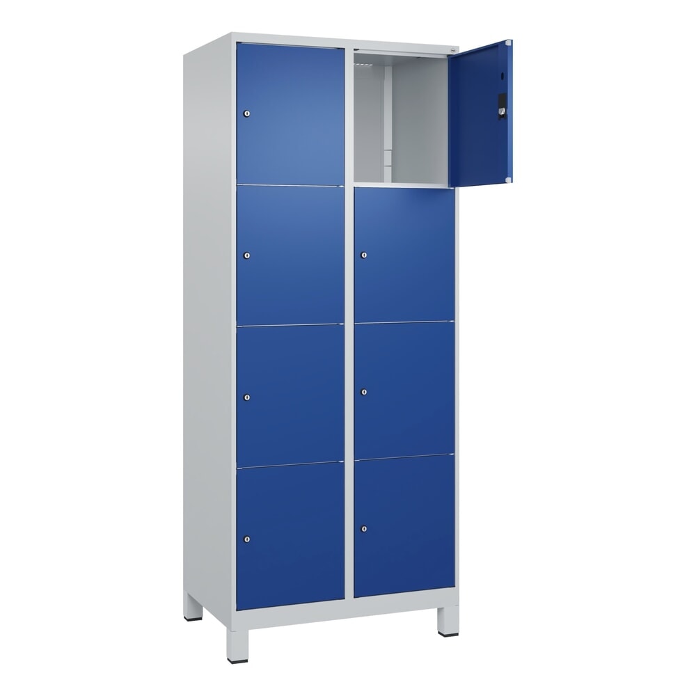 Produktabbildung: C+P Schließfachschrank Classic PLUS, Füße, 2 Abteile, HxBxT 1.950 x 800 x 500 mm, lichtgrau, enzianblau, 8 Fächer, Zylinderschloss