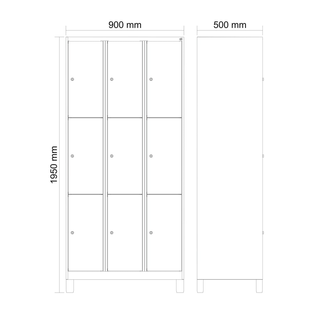 Produktabbildung Nr. 8: C+P Schließfachschrank Classic PLUS, Füße, 3 Abteile, HxBxT 1.950 x 900 x 500 mm, lichtgrau, lichtblau, 9 Fächer, Zylinderschloss