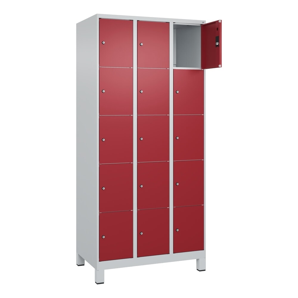 Produktabbildung Nr. 1: C+P Schließfachschrank Classic PLUS, Füße, 3 Abteile, HxBxT 1.950 x 900 x 500 mm, lichtgrau, rubinrot, 15 Fächer, Zylinderschloss
