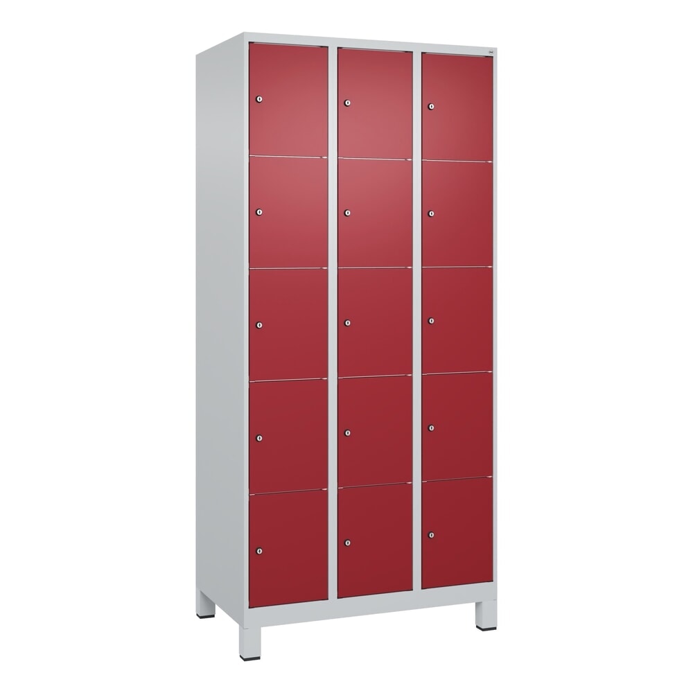 Produktabbildung Nr. 8: C+P Schließfachschrank Classic PLUS, Füße, 3 Abteile, HxBxT 1.950 x 900 x 500 mm, lichtgrau, rubinrot, 15 Fächer, Zylinderschloss