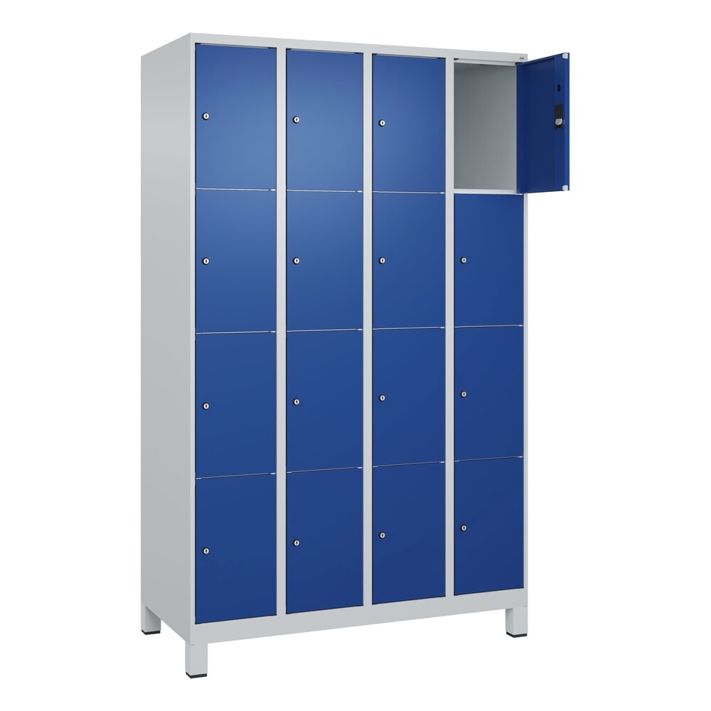 Produktabbildung Nr. 1: C+P Schließfachschrank Classic PLUS, Füße, 4 Abteile, HxBxT 1.950 x 1.200 x 500 mm, lichtgrau, enzianblau, 16 Fächer, Zylinderschloss
