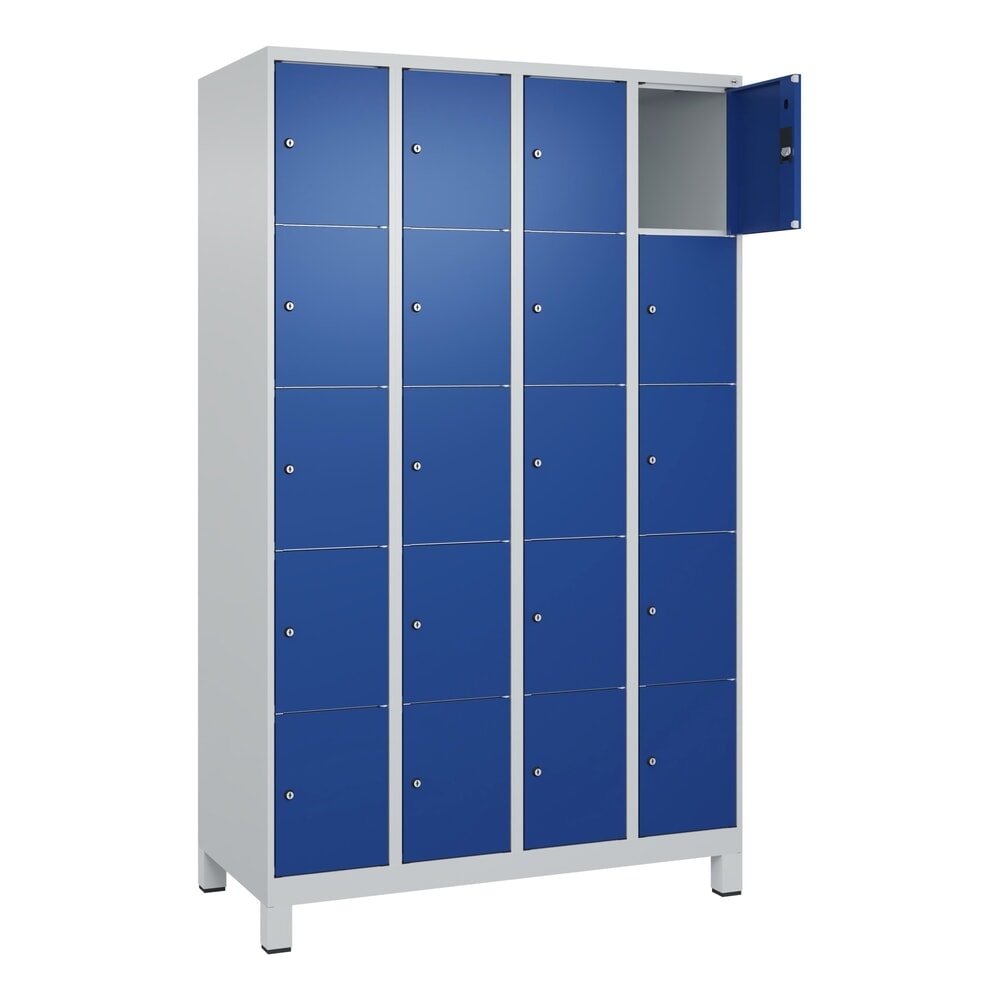 Produktabbildung: C+P Schließfachschrank Classic PLUS, Füße, 4 Abteile, HxBxT 1.950 x 1.200 x 500 mm, lichtgrau, enzianblau, 20 Fächer, Zylinderschloss