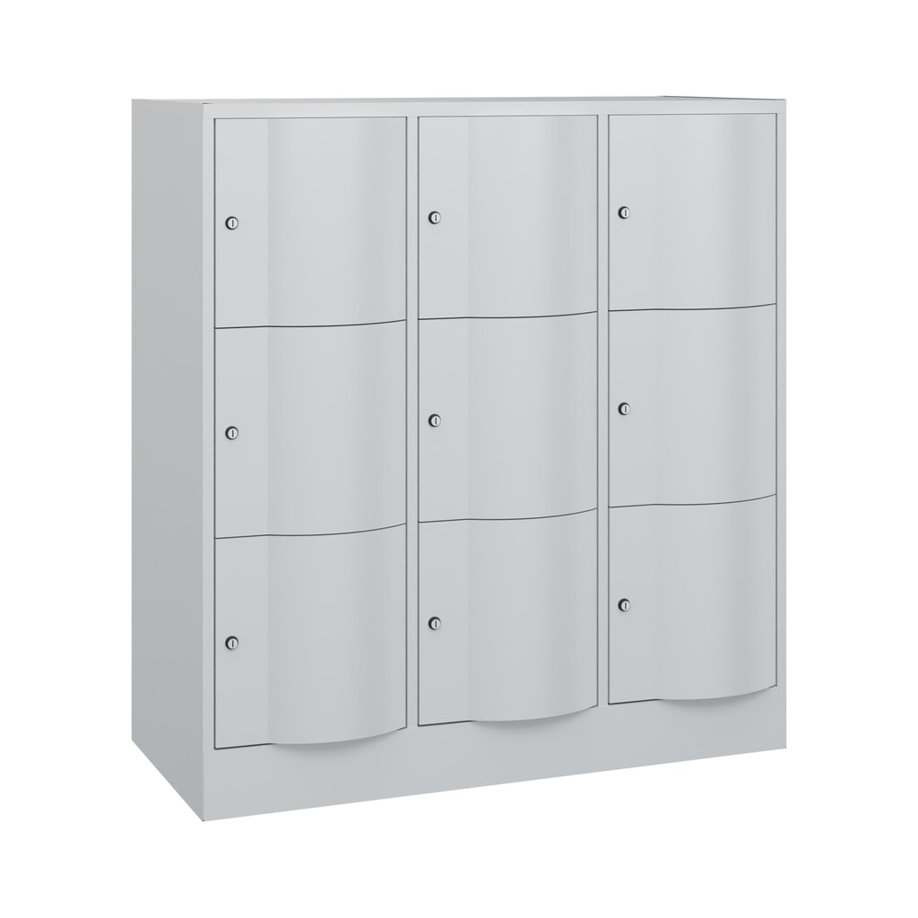 Produktabbildung: C+P Schließfachschrank mit "rabaukensicheren" Türen, 3 x 3 Fächer, HxBxT 1.225 x 1.150 x 540 mm, lichtgrau, lichtgrau