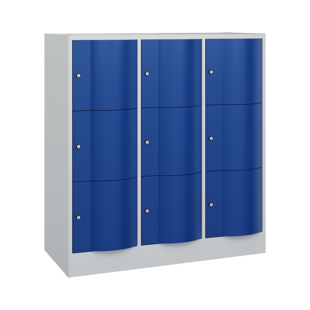 Produktabbildung: C+P Schließfachschrank mit "rabaukensicheren" Türen, 3 x 3 Fächer, HxBxT 1.225 x 1.150 x 540 mm, lichtgrau, enzianblau