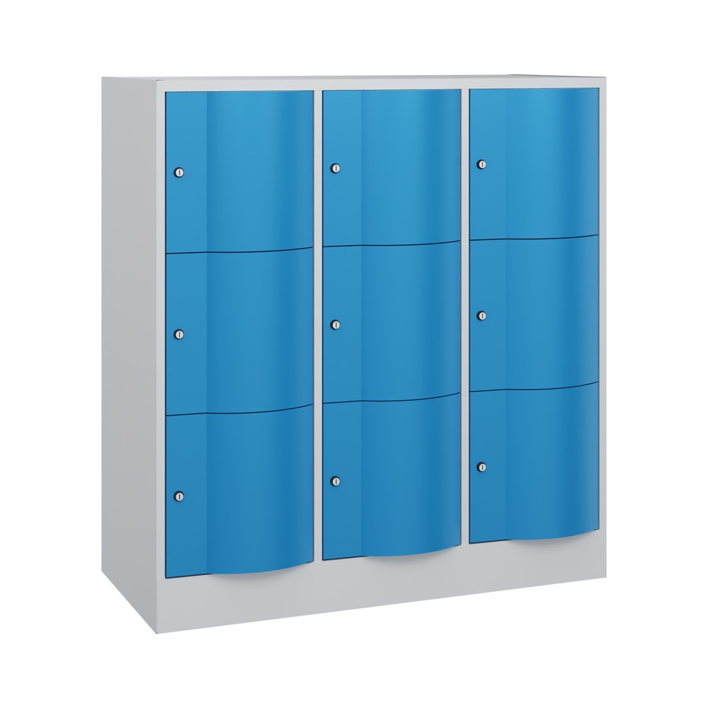 Produktabbildung Nr. 1: C+P Schließfachschrank mit "rabaukensicheren" Türen, 3 x 3 Fächer, HxBxT 1.225 x 1.150 x 540 mm, lichtgrau, lichtblau